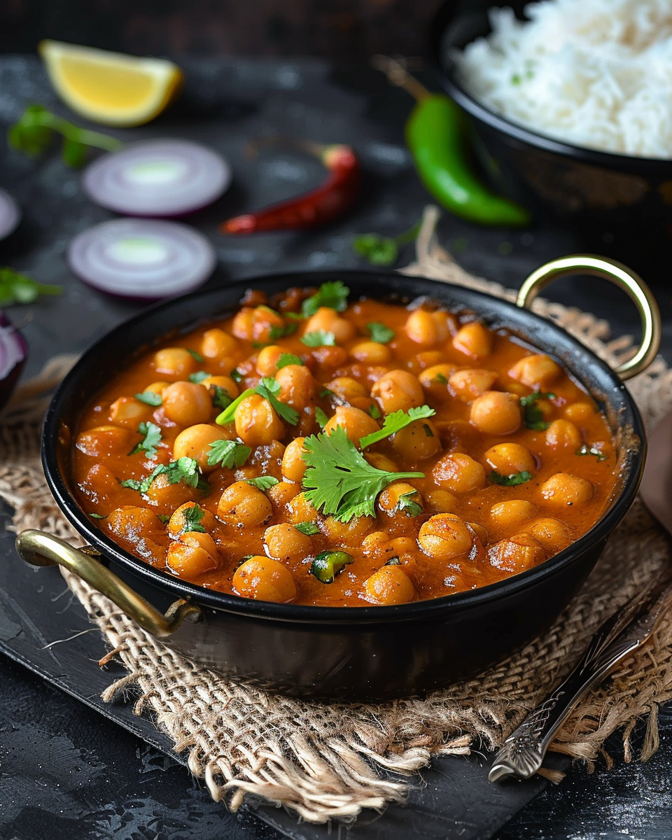 Indian chickpea masala curry served in bowl.