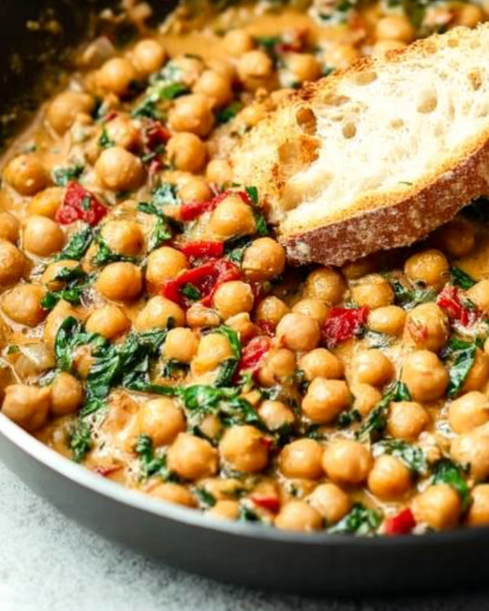 using a piece of bread to scoop up a bite of Marry Me Chickpeas from a skillet.