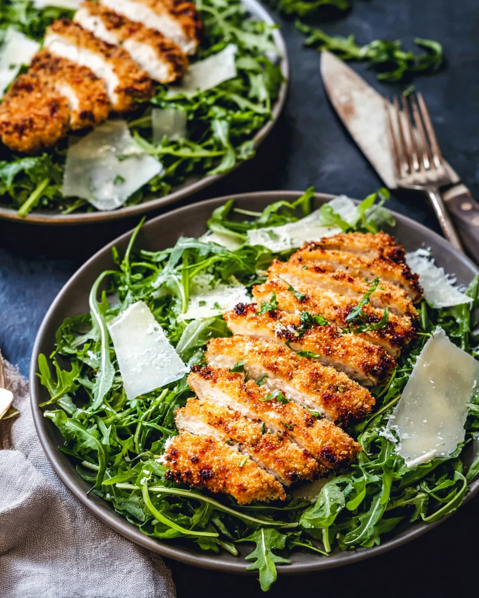 Top plates filled with greens topped with crispy breaded chicken with two forks next to the plates.