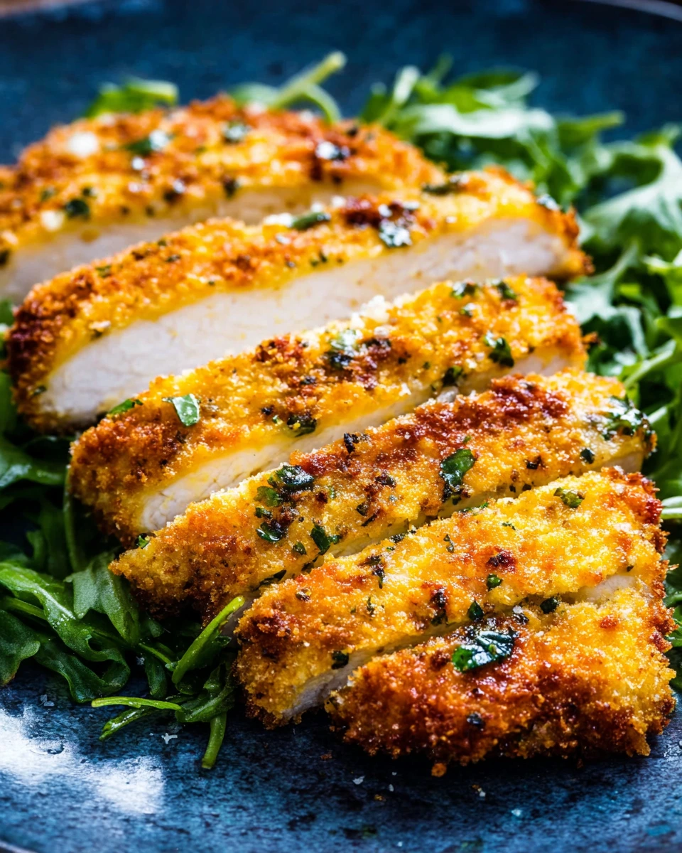 Air fryer breaded chicken breast sliced into strips on a bed of arugula and shaved Parmesan on a plate with another plate of chicken behind it.