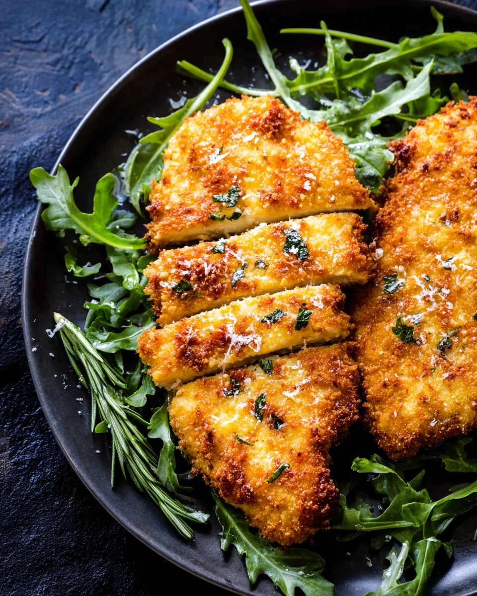 Crispy breaded air fryer chicken cut on top of a green salad topped with grated parmesan cheese with another plate of it behind it.