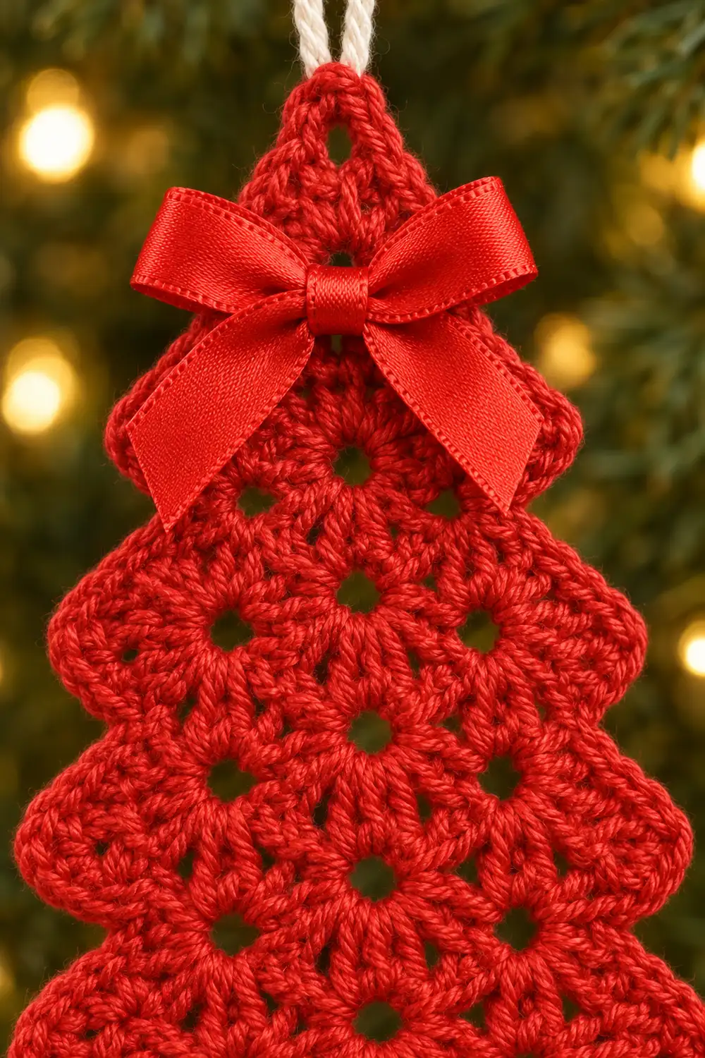 A red crocheted Christmas tree ornament with a ribbon bow hanging against a blurred evergreen and golden light background.