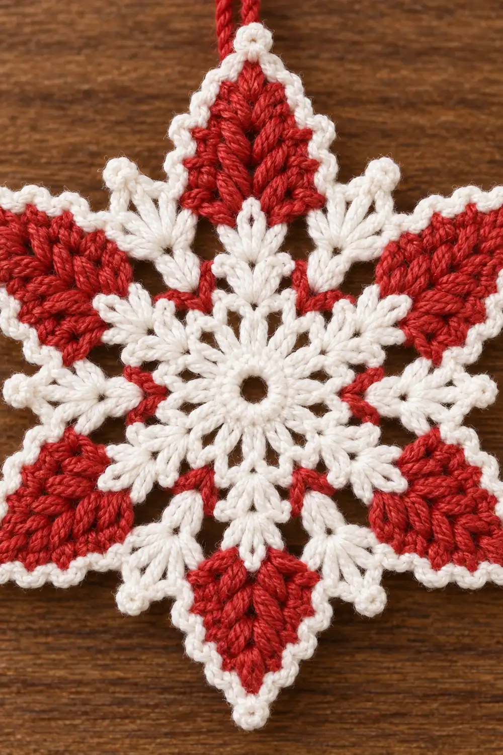 A red and white crocheted snowflake ornament with a hanging loop displayed on a wooden surface.