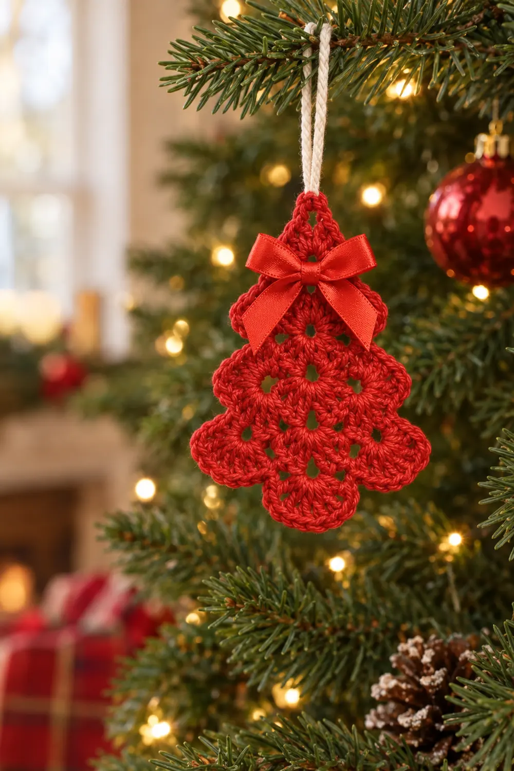 A red crocheted Christmas tree ornament with a ribbon bow hanging from an evergreen branch among lights.