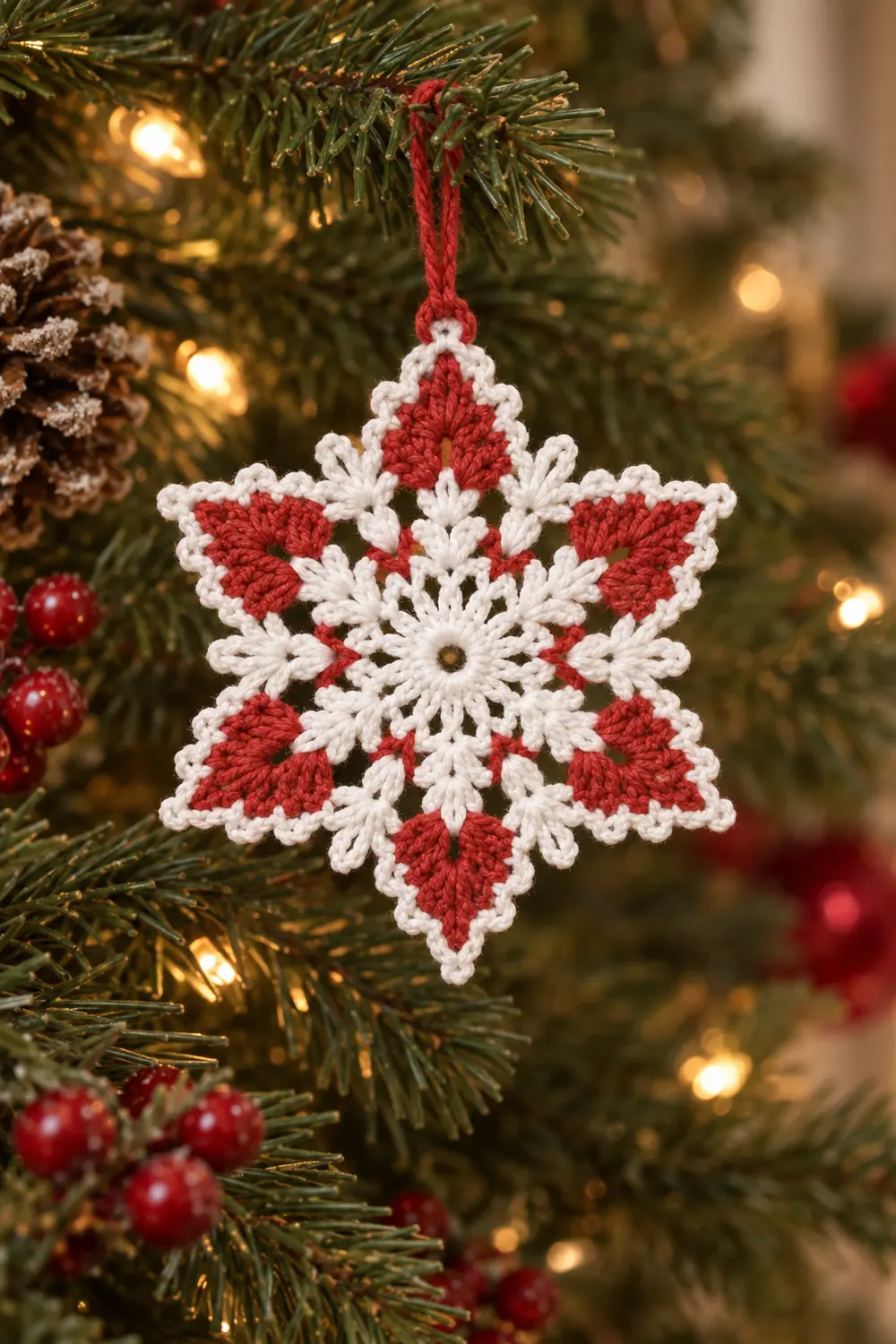 A red and white crocheted snowflake ornament hangs from an evergreen branch adorned with warm lights and berries.