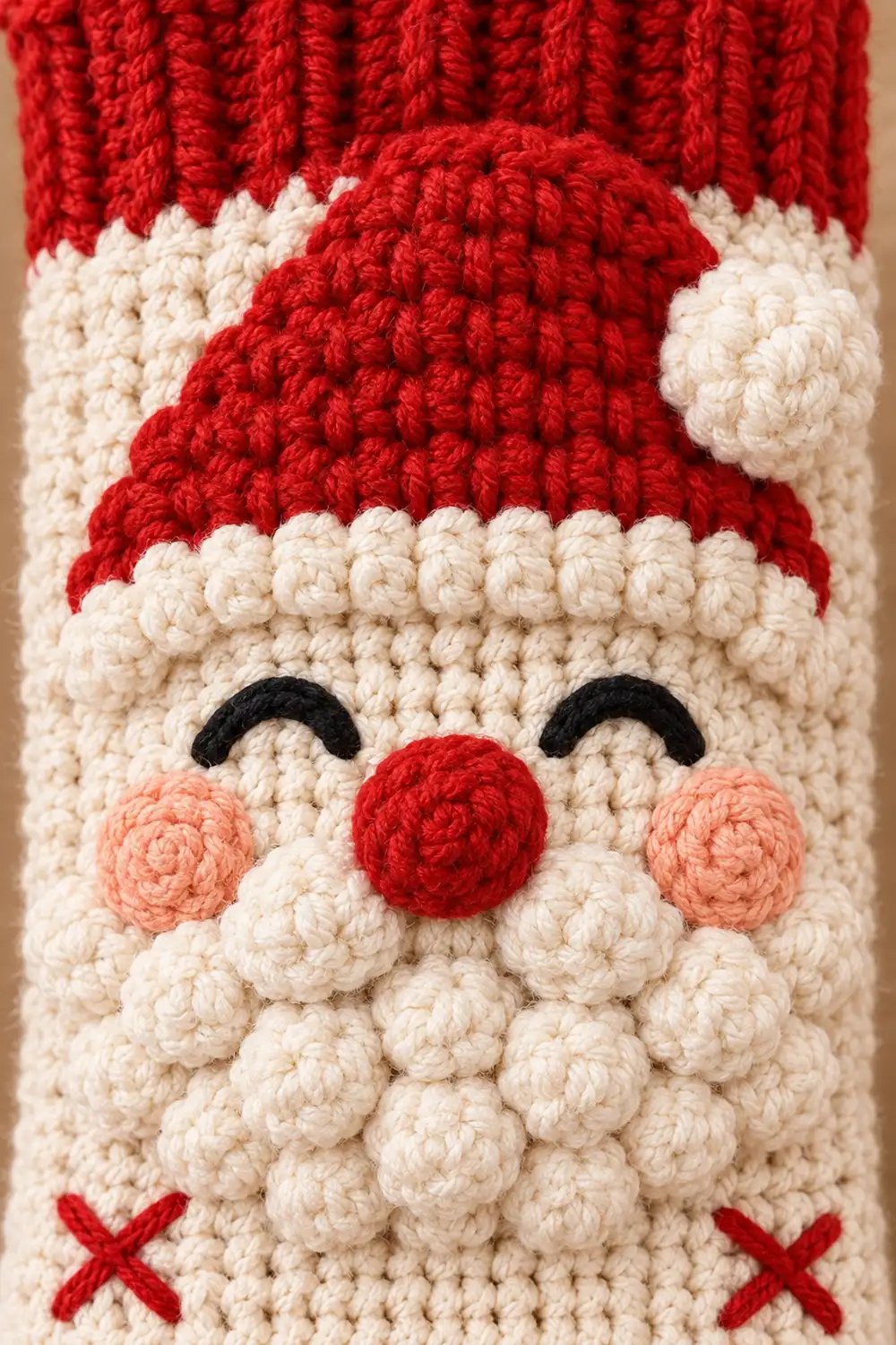 Close-up of a crocheted Santa face with red hat, white beard, and rosy cheeks on cream-colored fabric.