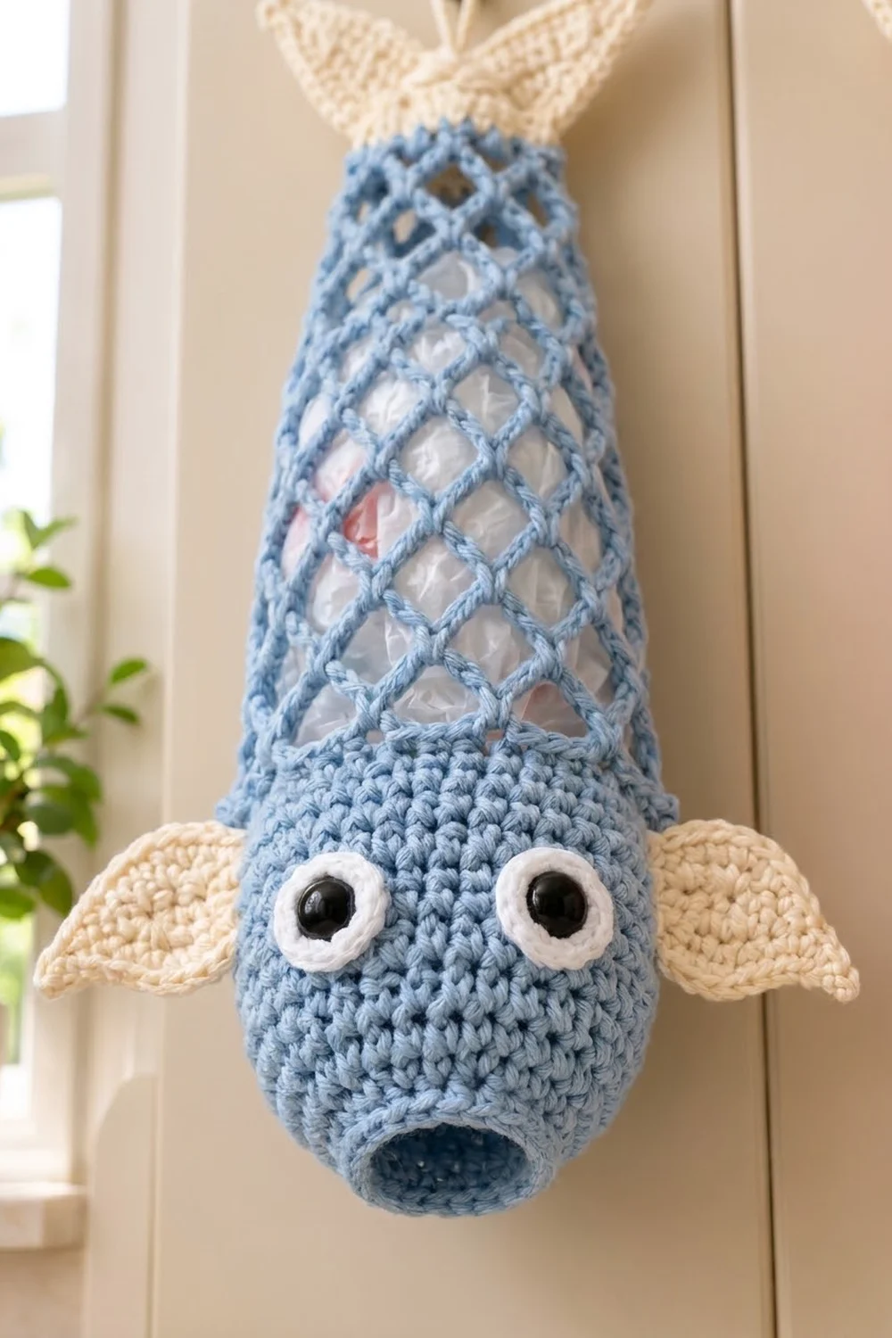 Crocheted blue amigurumi fish with cream fins, white eyes, and decorative lace-pattern mesh section against a beige wall.