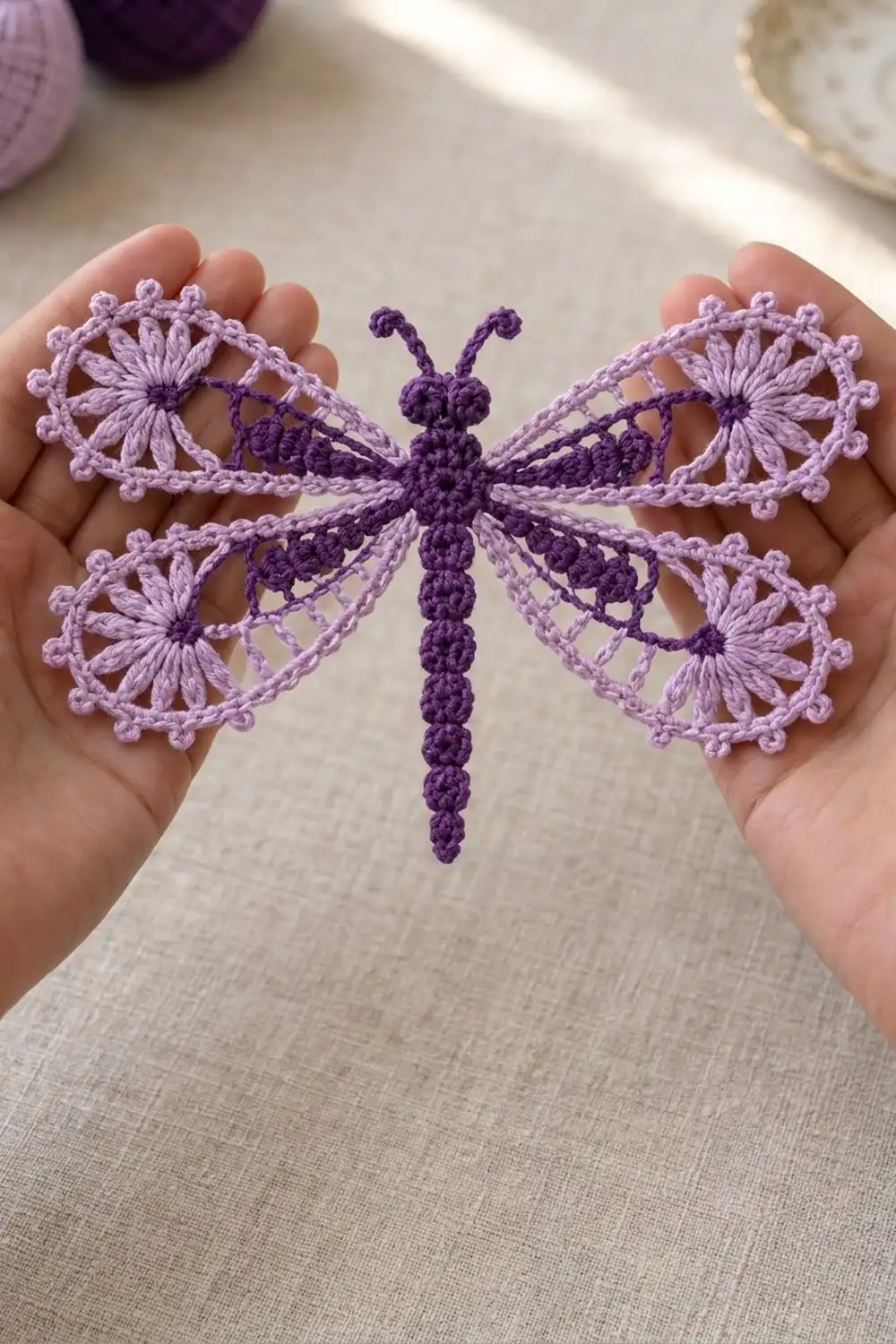 A delicate crocheted butterfly in purple and lavender yarn with intricate lace-patterned wings held in hands.