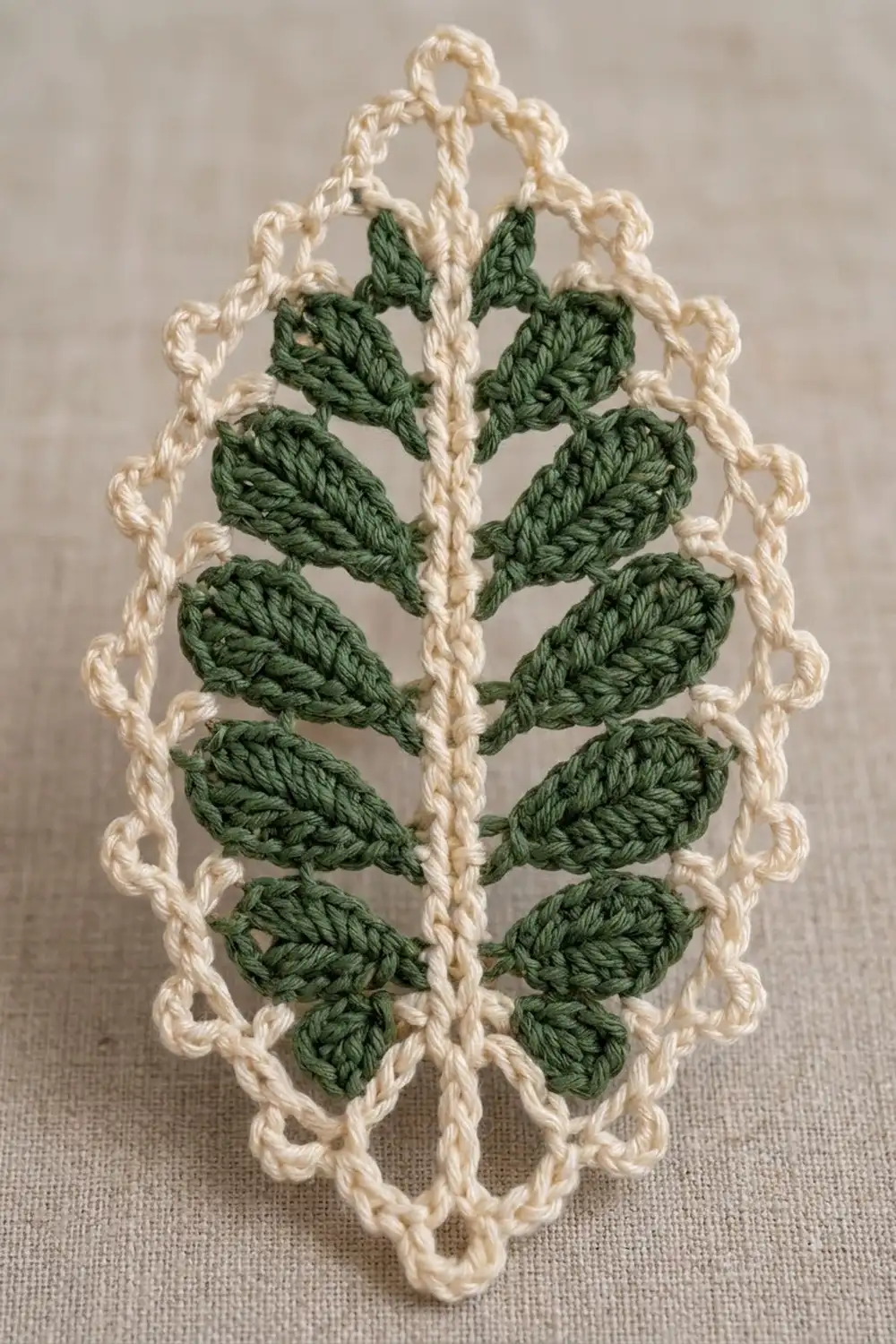 Green crocheted leaves arranged symmetrically in a cream-colored oval frame with decorative looped edges.