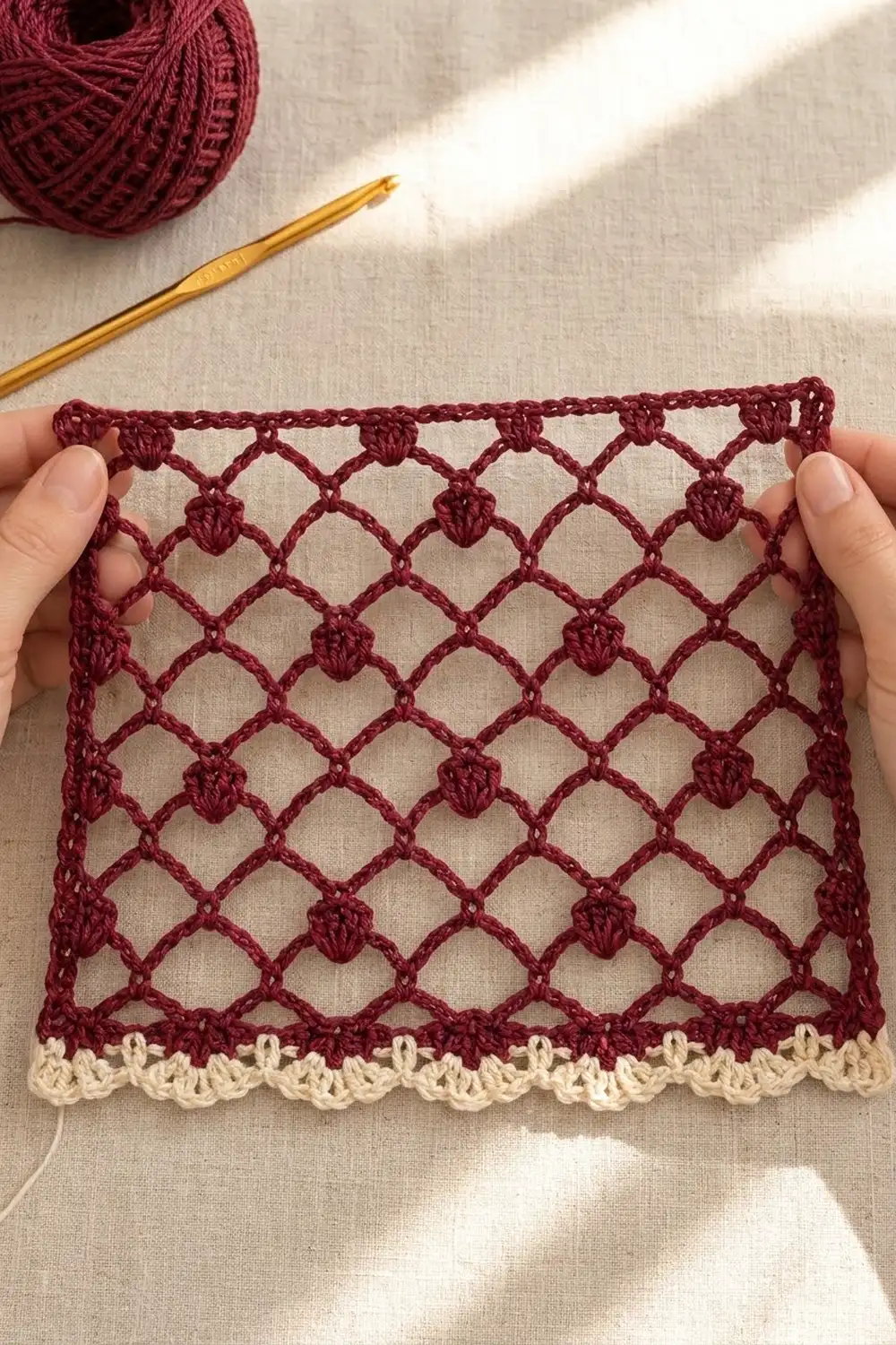 Hands hold a burgundy openwork crochet swatch with cream scalloped trim, beside a golden hook and yarn.