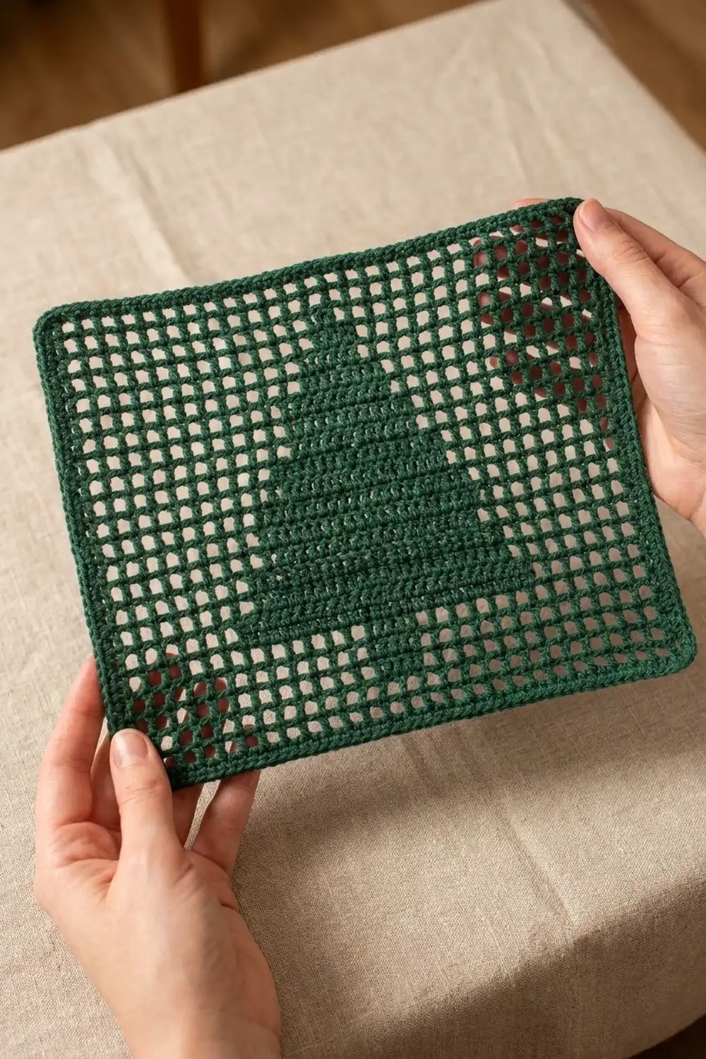 Hands holding a crocheted forest green square with openwork mesh pattern over cream linen fabric.