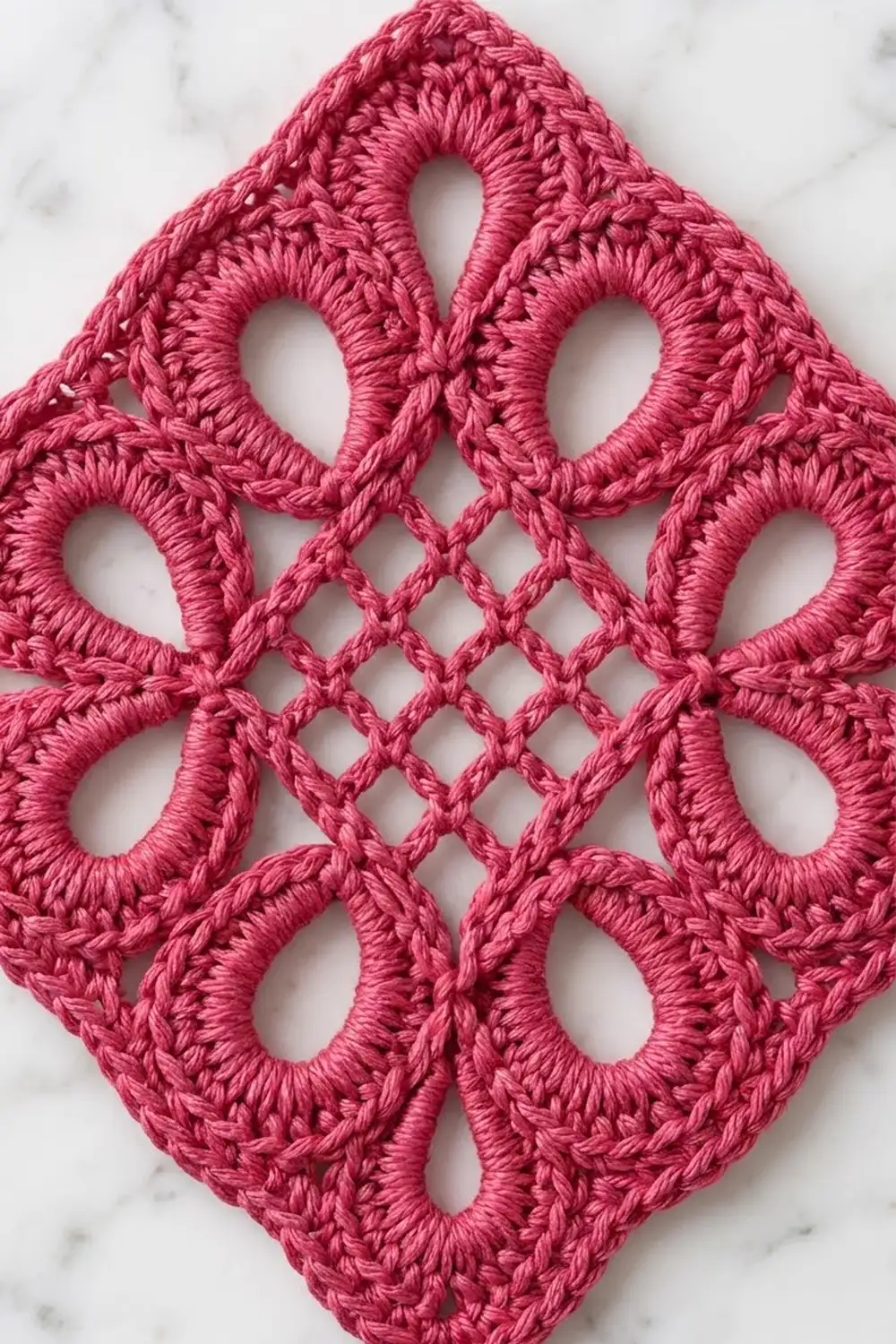 Bright pink crocheted square lace motif with geometric openings on white marbled background.