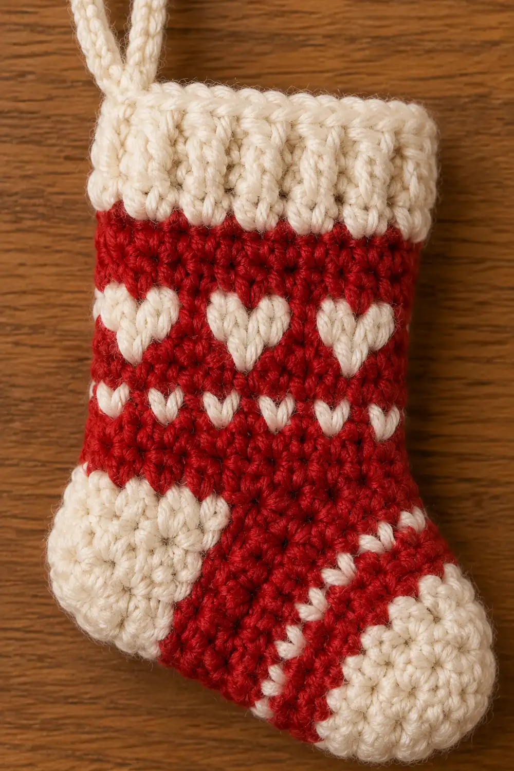 A red and cream knitted Christmas stocking with heart patterns hanging against a wooden background.