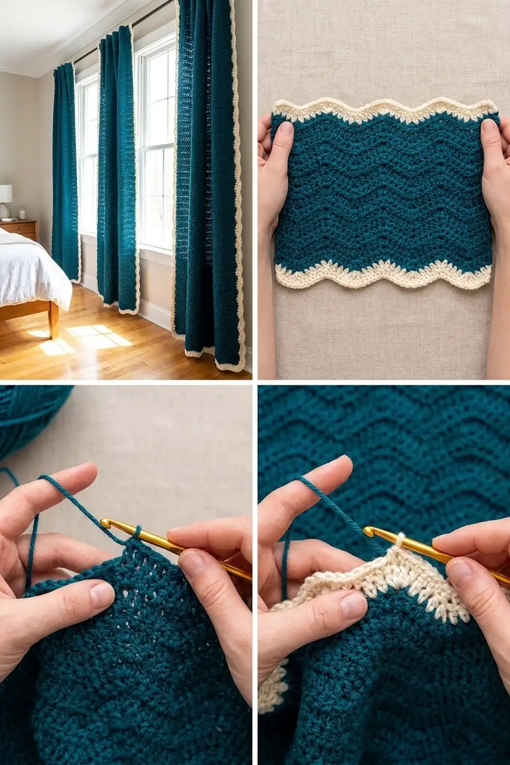 Hands crocheting a cream scalloped trim onto dark teal yarn with a gold crochet hook.