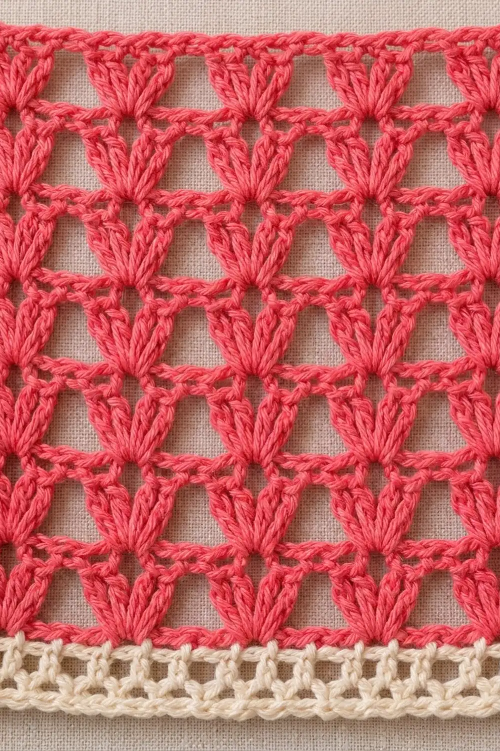 Bright coral-pink crochet with repeating shell stitches, cream border trim, and airy openwork detail.