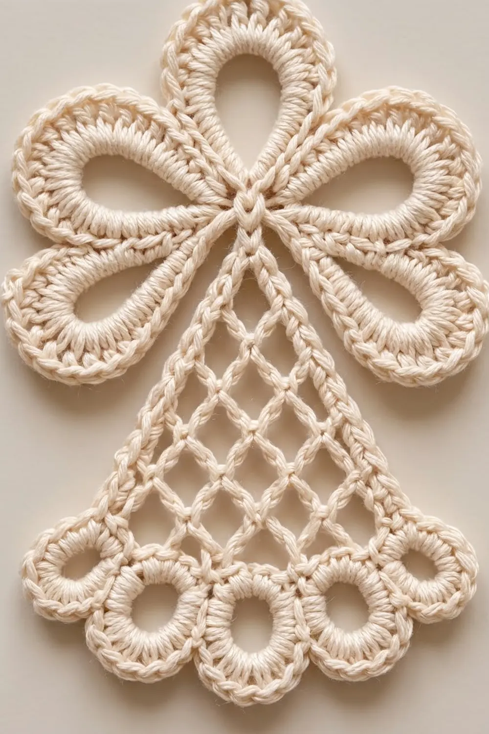Cream-colored crochet ornament with four looped petals, openwork lattice center, and scalloped edges on neutral background.