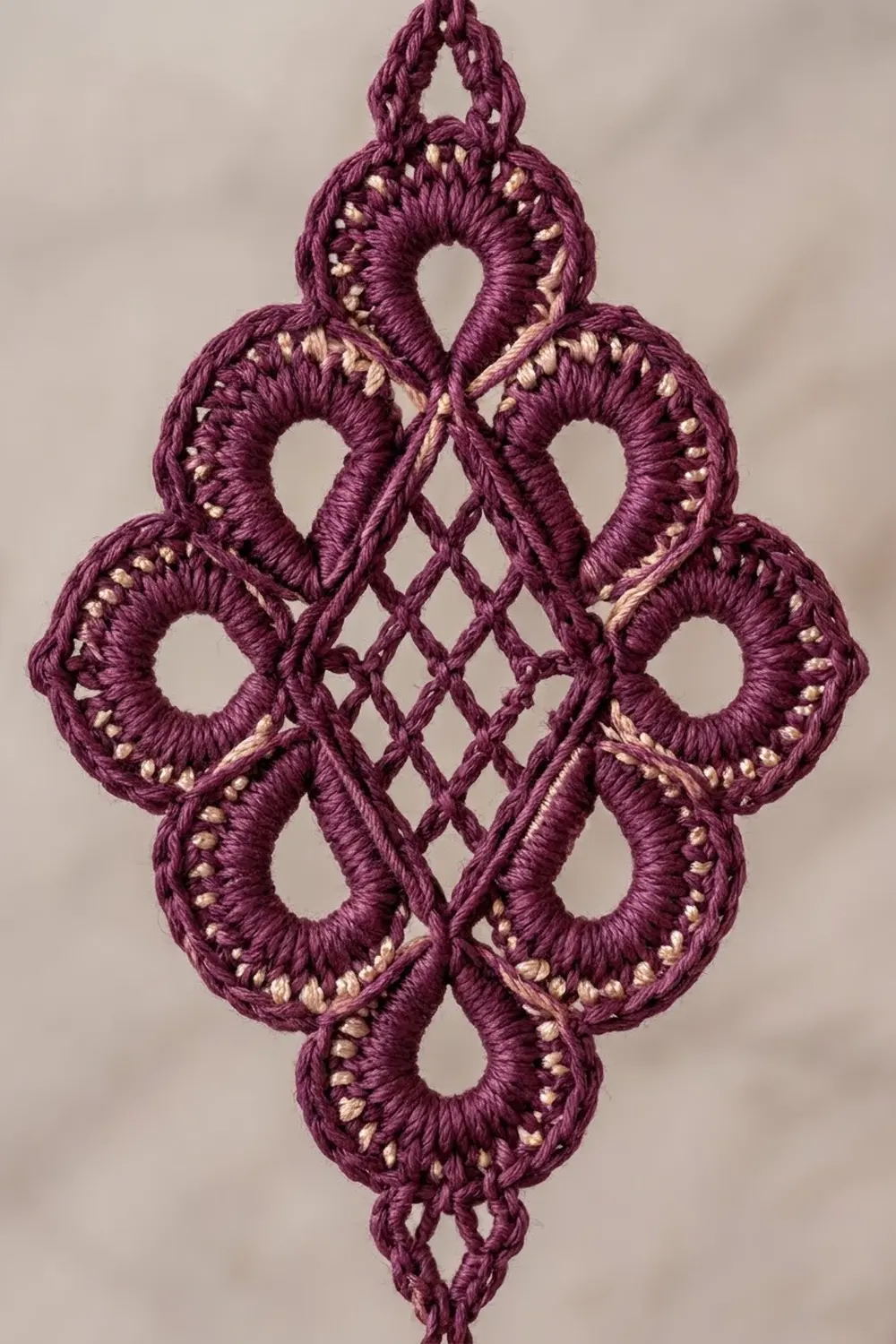 Deep purple crochet doily with cream-beaded looped edges arranged in a symmetrical diamond pattern against a neutral gray background.