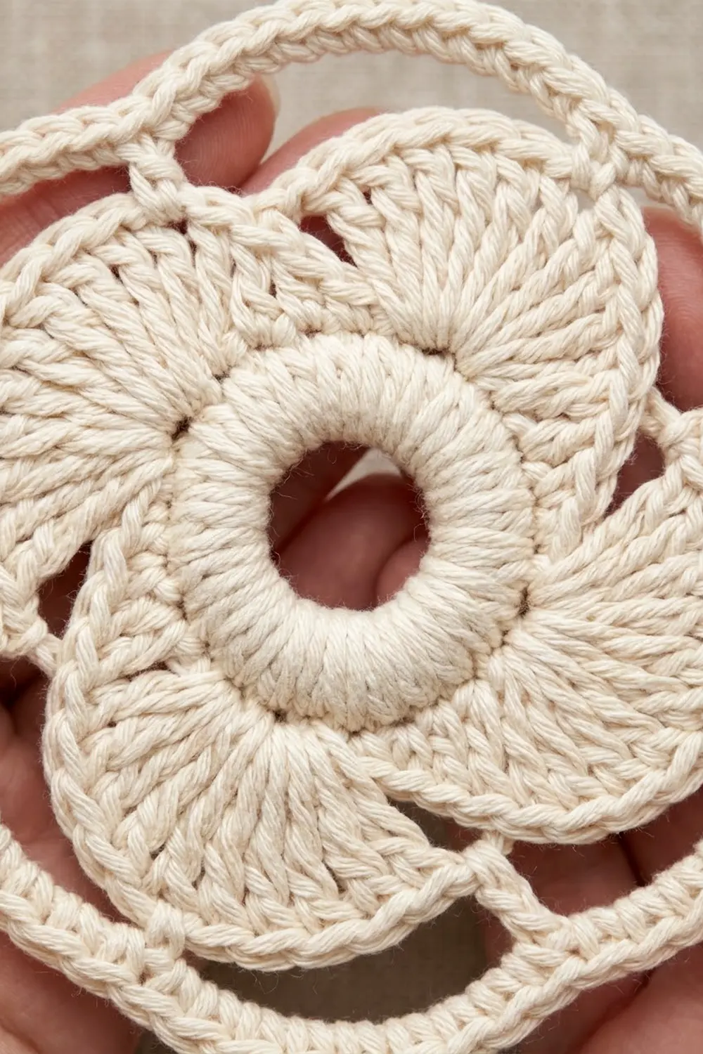 Off-white crocheted lace featuring openwork details held in hands, with peachy skin tones visible between.