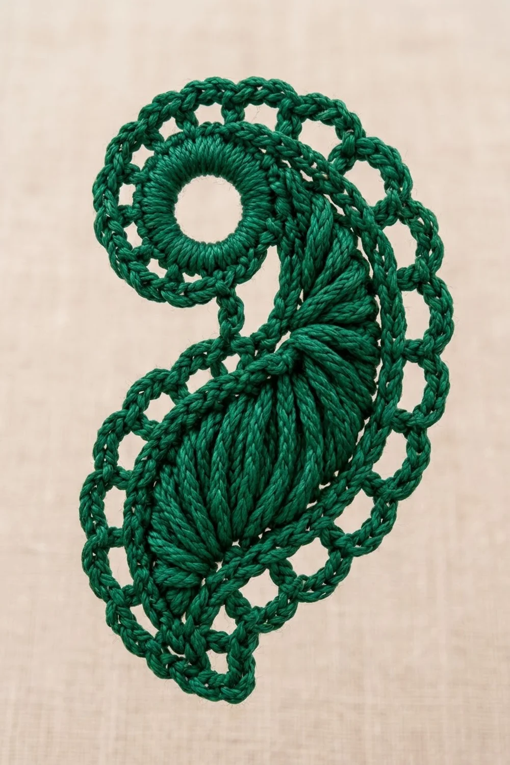 Deep green handmade macramé with twisted braids, looped textures, and open weave on cream background.