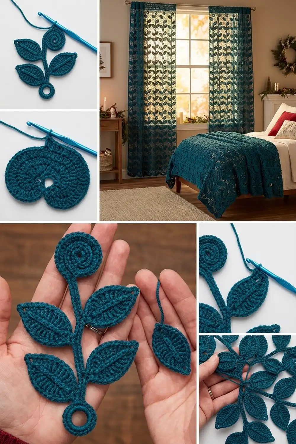 Hand displaying teal crocheted leaf cluster and circular flower motifs with detailed textured stitching.