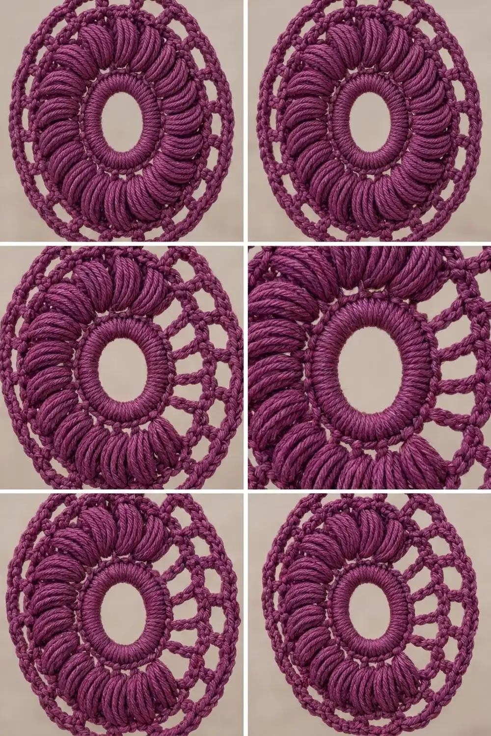 Purple crochet stitch samples with raised oval motifs and ridged texture on neutral background.