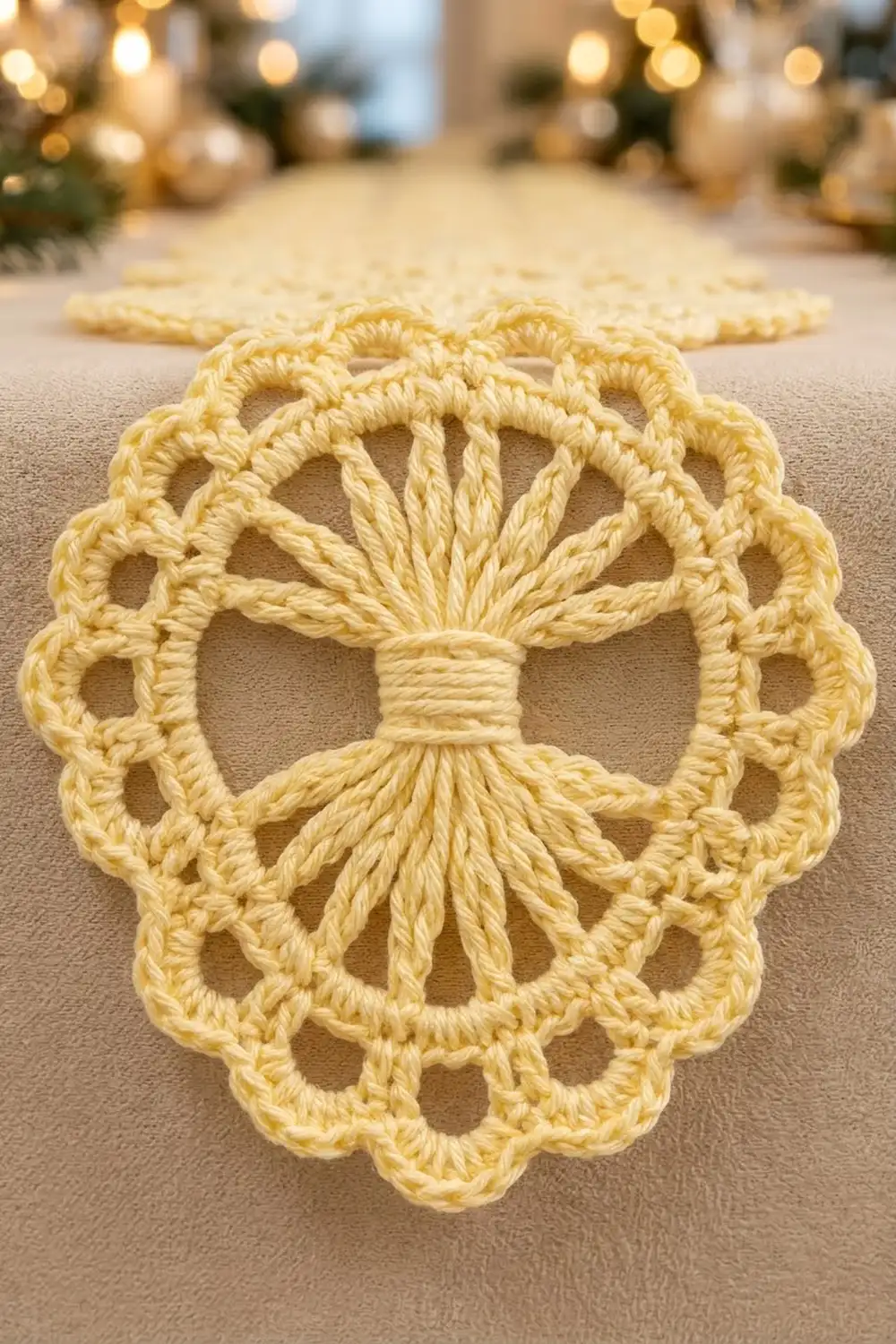 Cream-colored crocheted doily ornament with radiating yarn tassel center displayed on soft beige surface with warm holiday bokeh lighting.