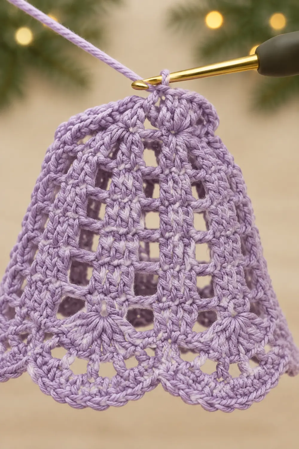 A lavender crocheted bell ornament with open lacework pattern hangs from a gold crochet hook against a blurred festive background.