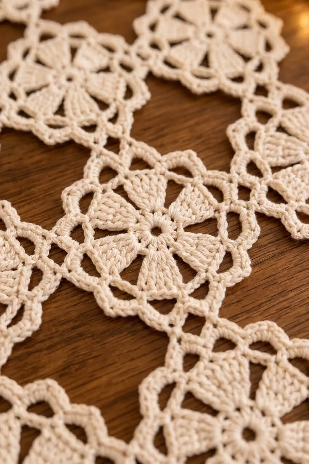 Delicate cream-colored crochet doilies with openwork patterns and floral details on dark wood.