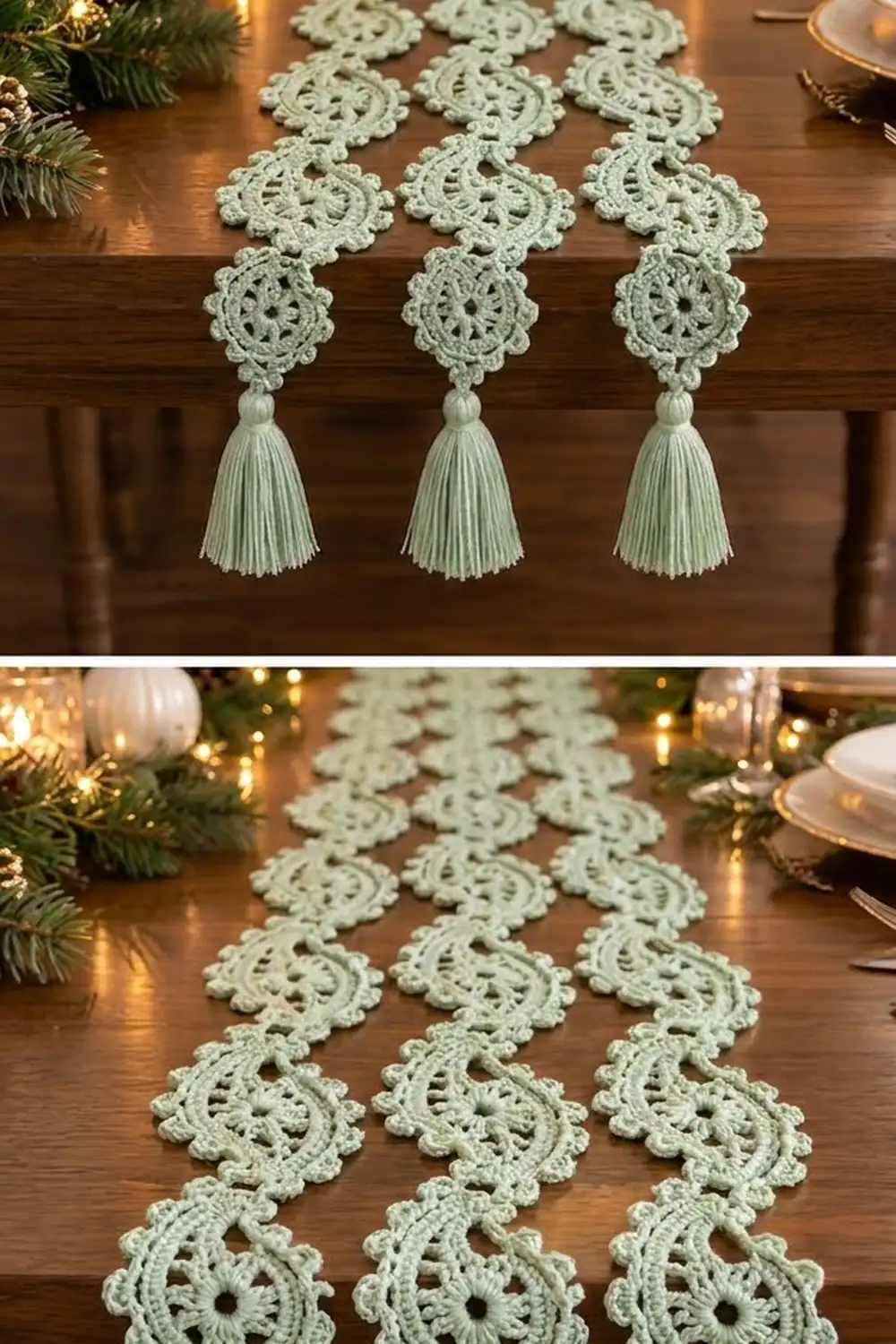 Pale sage crochet medallions with tassels arranged on a wooden table with holiday greenery and warm lighting.