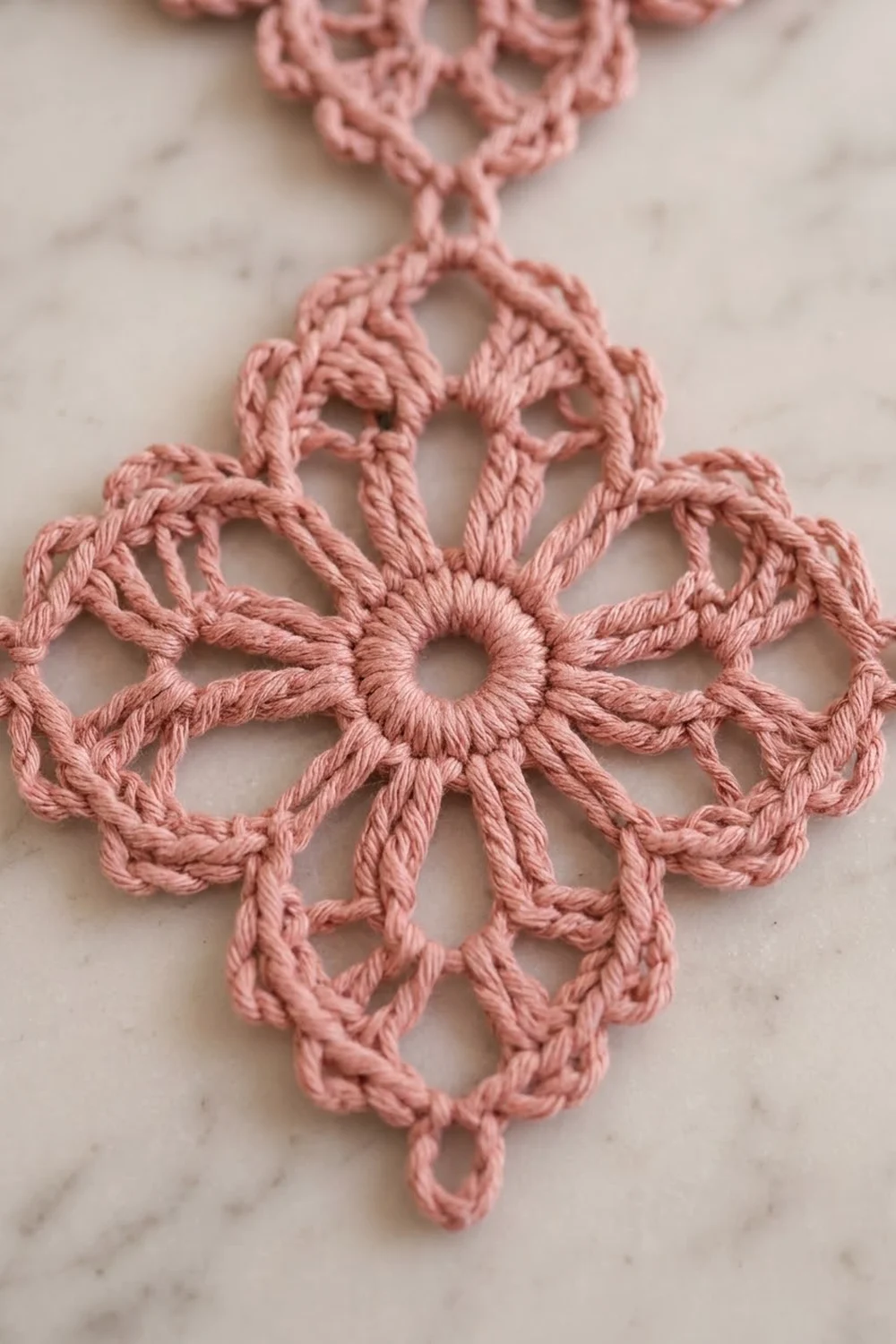 Delicate dusty-rose crocheted ornament with symmetrical mandala pattern and sunburst center on pale marble surface.