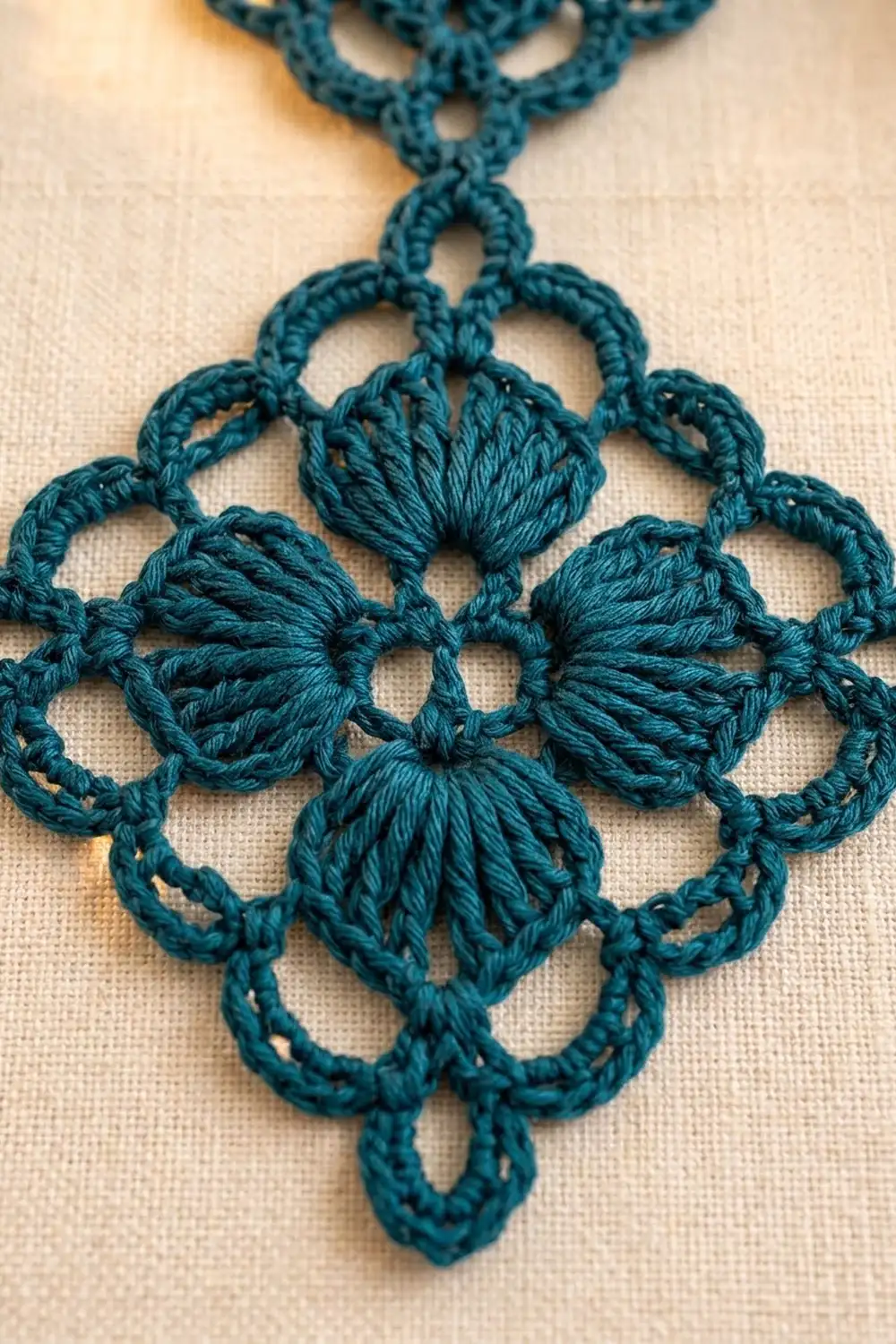 Teal crochet motif with textured puff stitches arranged in a symmetrical diamond pattern on linen.