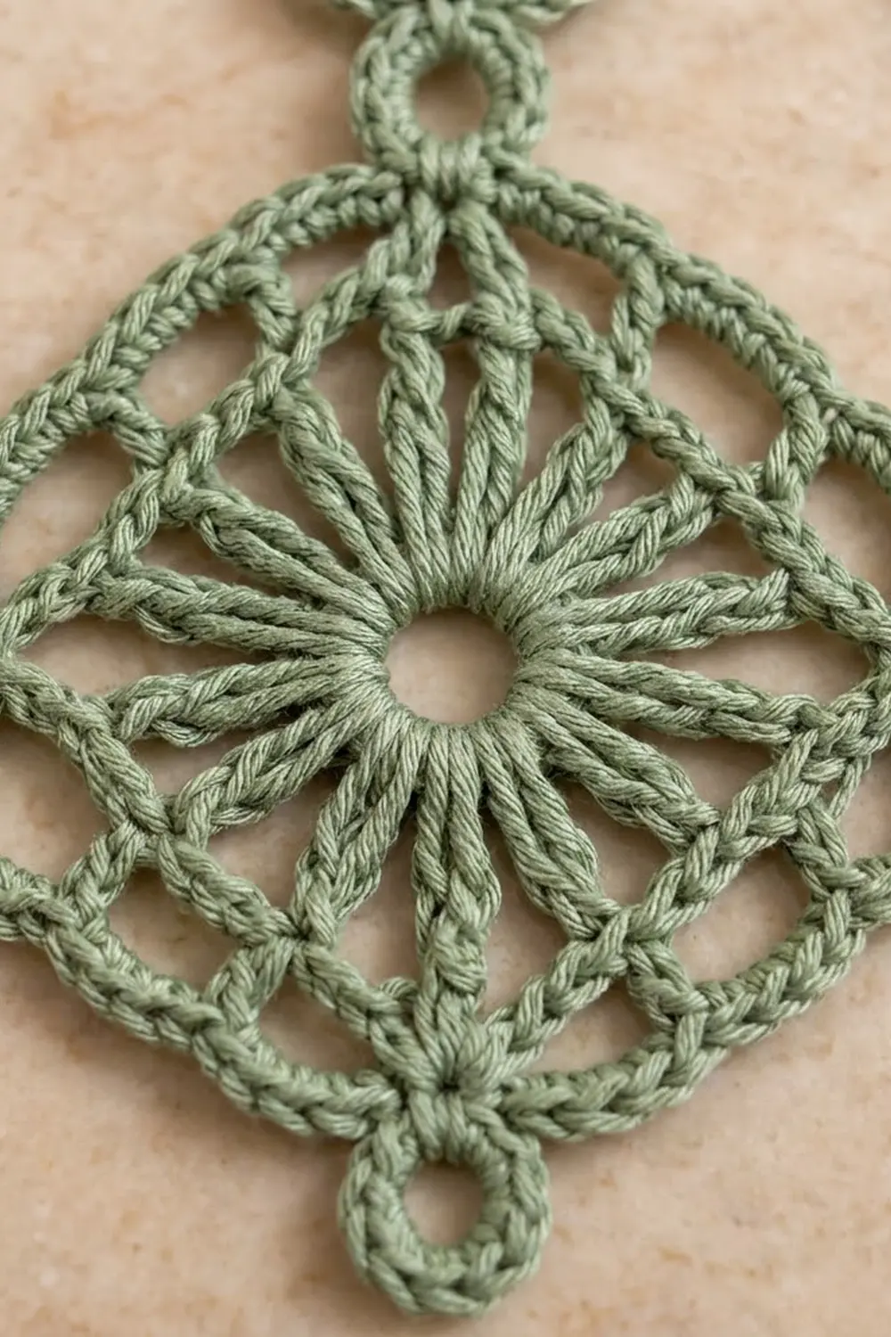 Sage green crocheted lace diamond with radiating knotwork and central opening against a beige background.