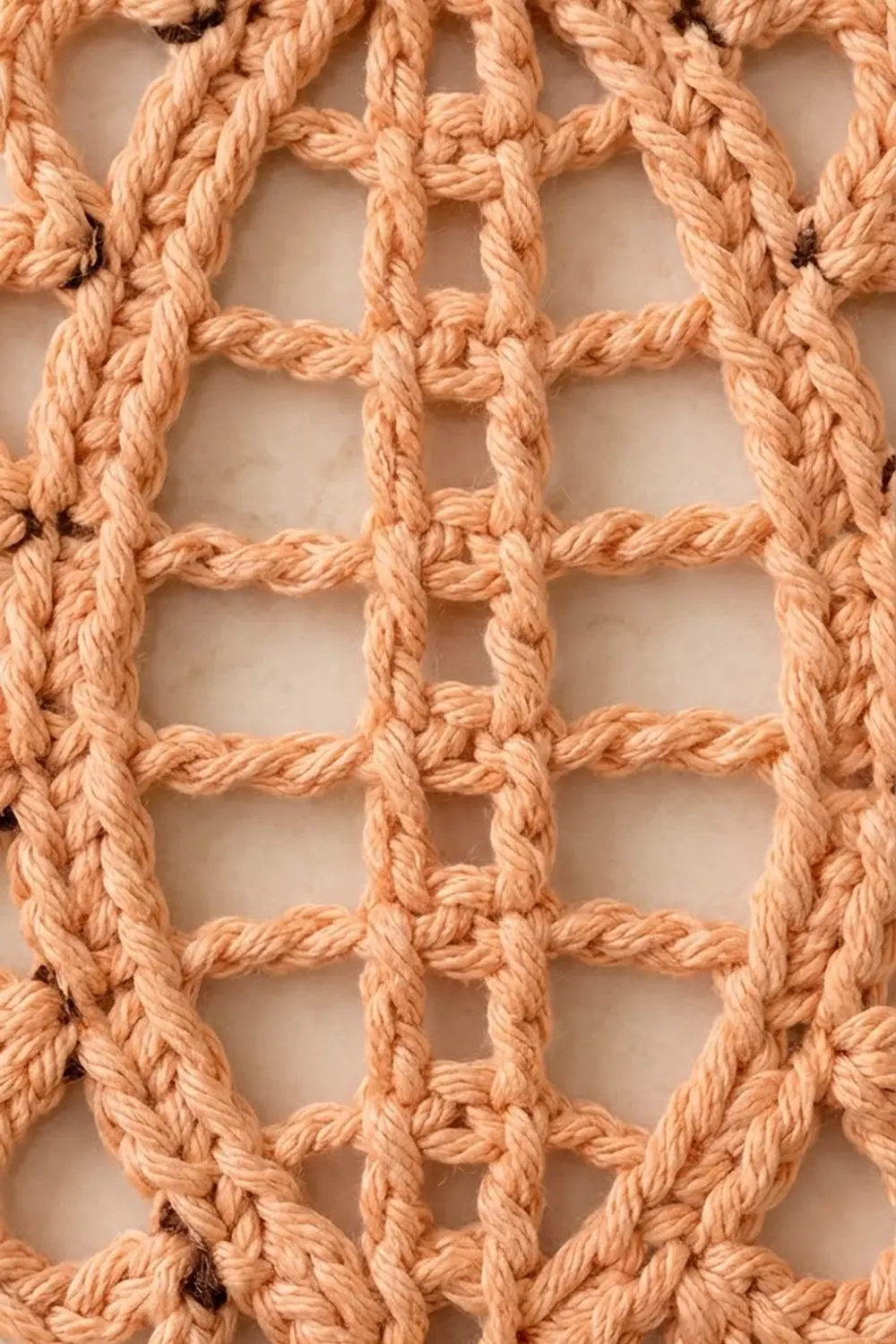 Twisted tan rope forms a geometric grid pattern with knotted intersections on a white surface.