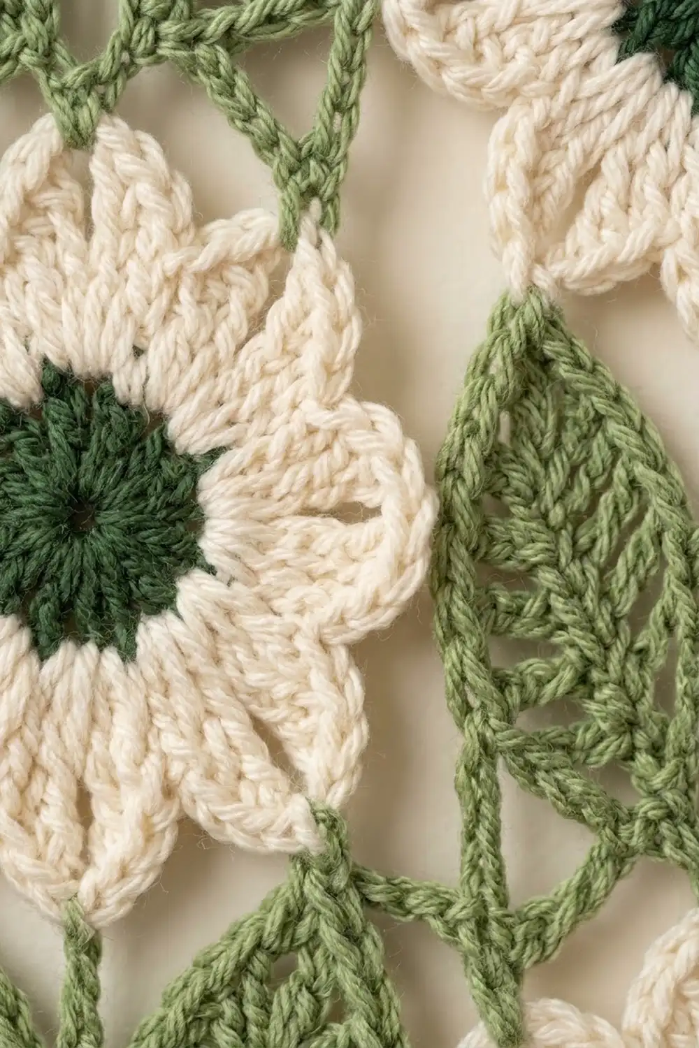 Crochet detail showing cream textured pom-pom flowers connected by sage green twisted stems on neutral background.