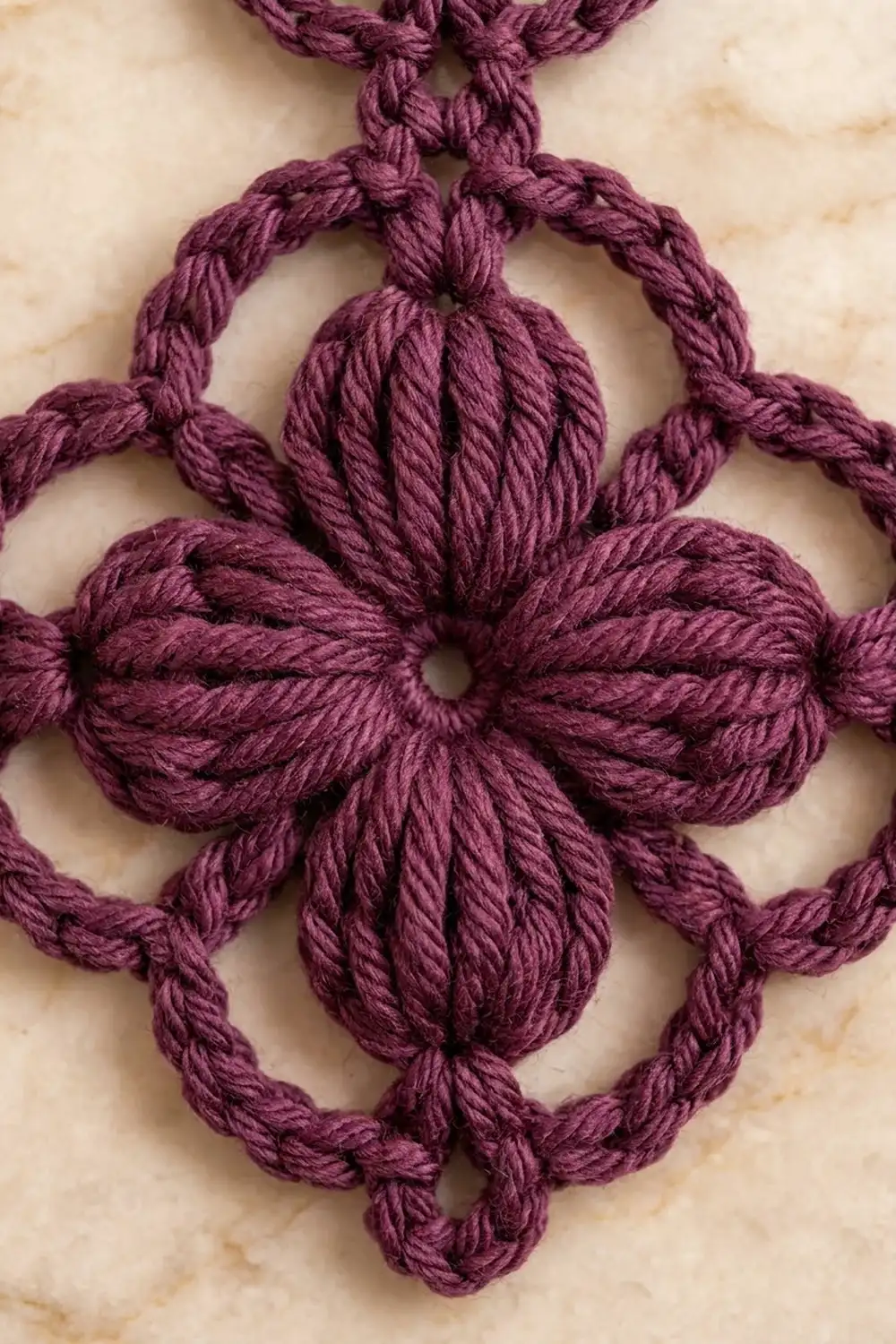 Close-up of a deep purple crochet flower with twisted yarn texture on a cream background.