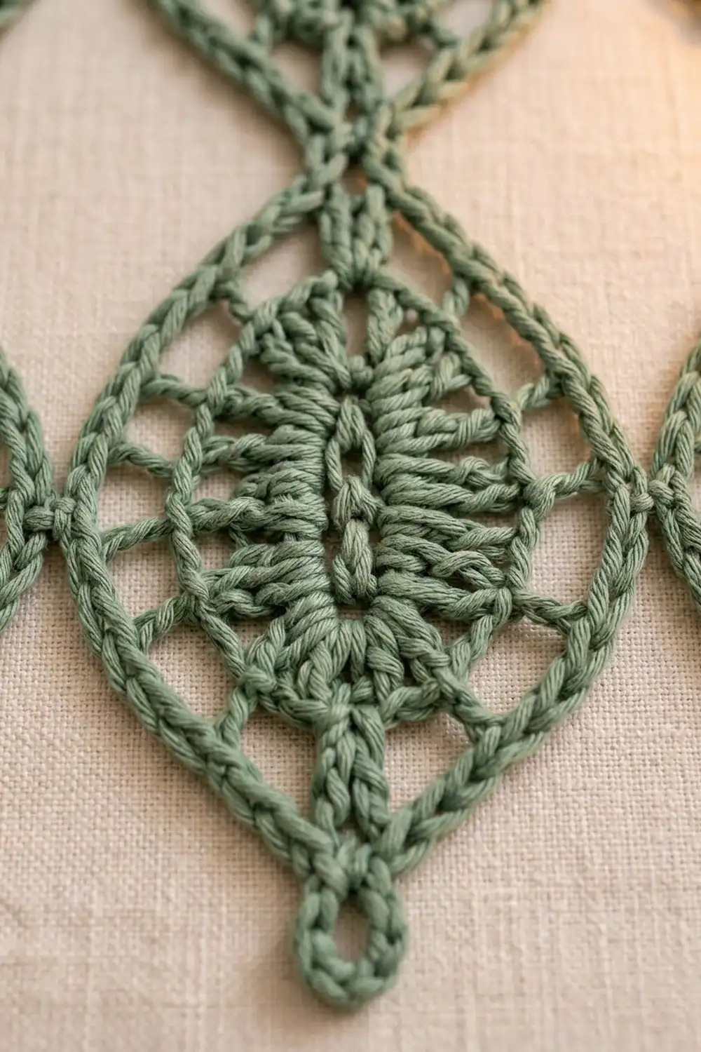 Sage green macramé pendant with symmetrical knotwork forming a diamond shape, laid on cream-colored fabric.