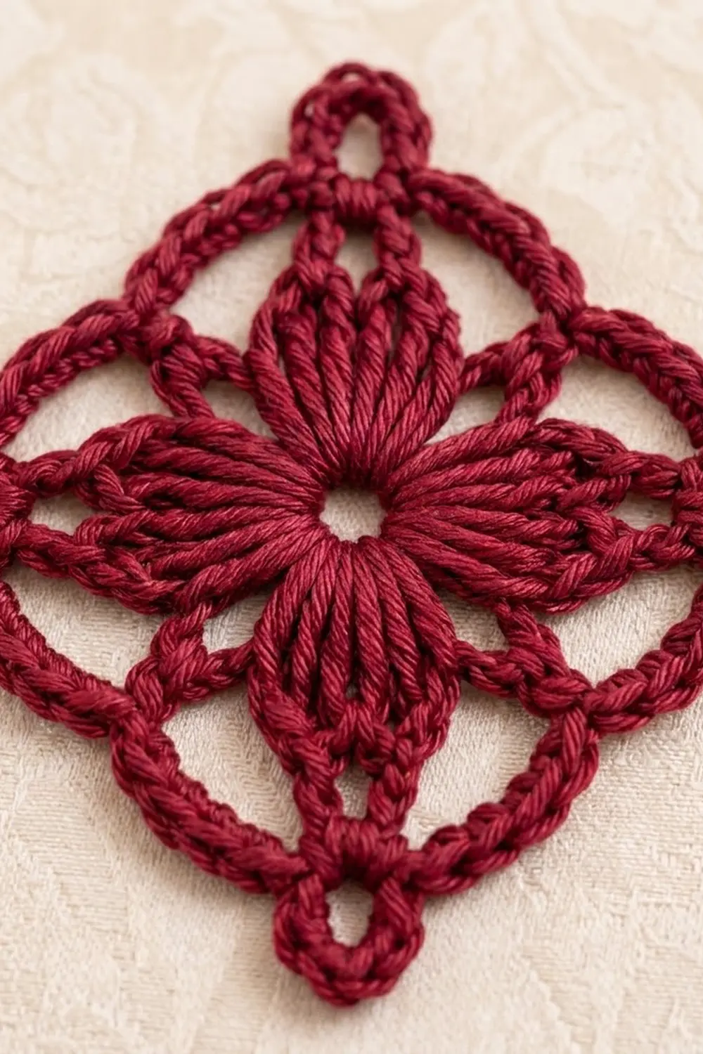 Deep burgundy crocheted ornament with geometric diamond star design on pale cream background.