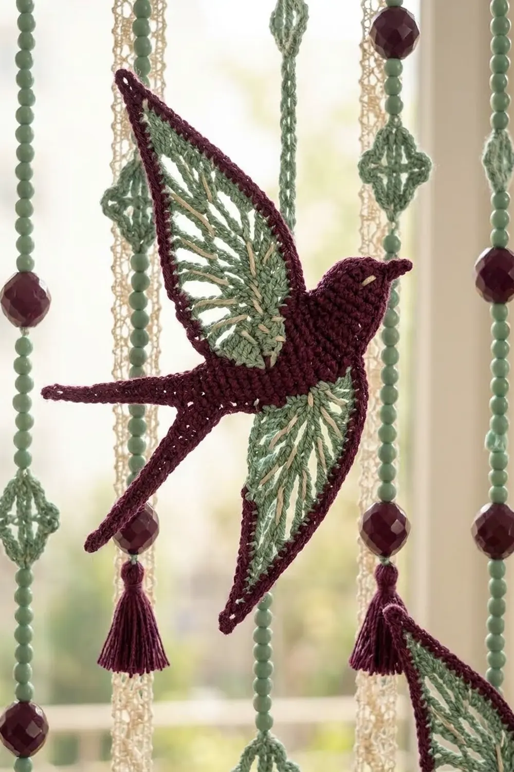 Crocheted burgundy hummingbird with sage-green detailed wings suspended among beaded hanging cords and tassels.