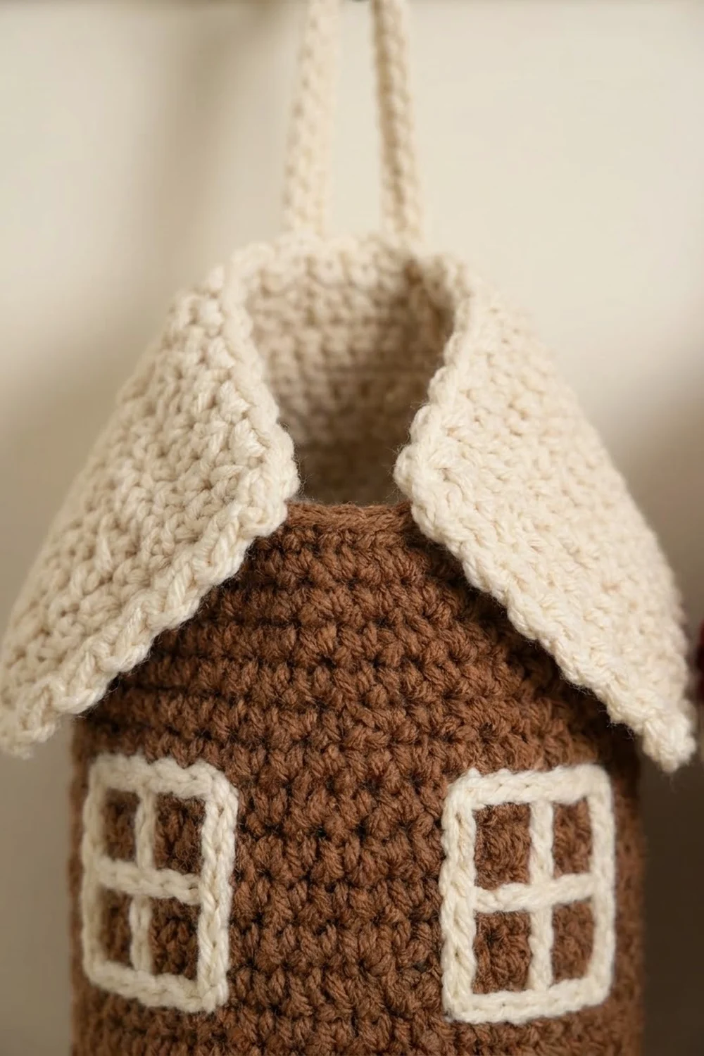 Close-up of crocheted brown gingerbread house with cream roof, scalloped edges, and white gridded windows on blurred neutral background.