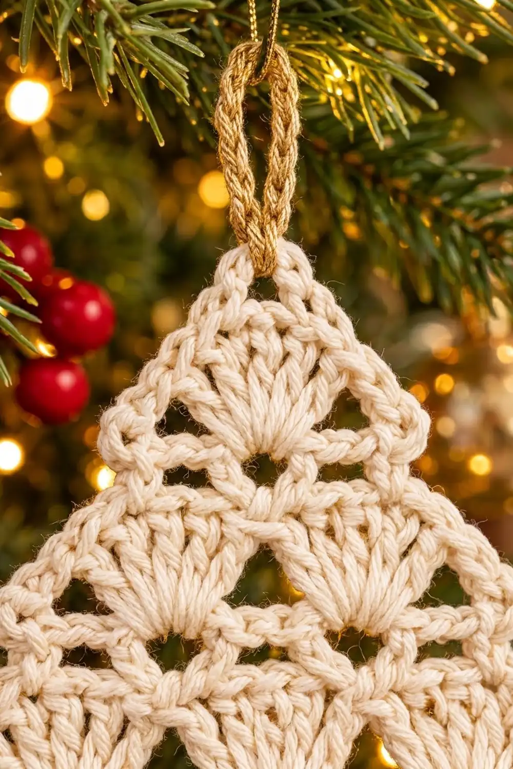 Cream-colored crocheted cone ornament with latticed rope pattern hangs on evergreen, golden lights and red ornaments softly blurred.