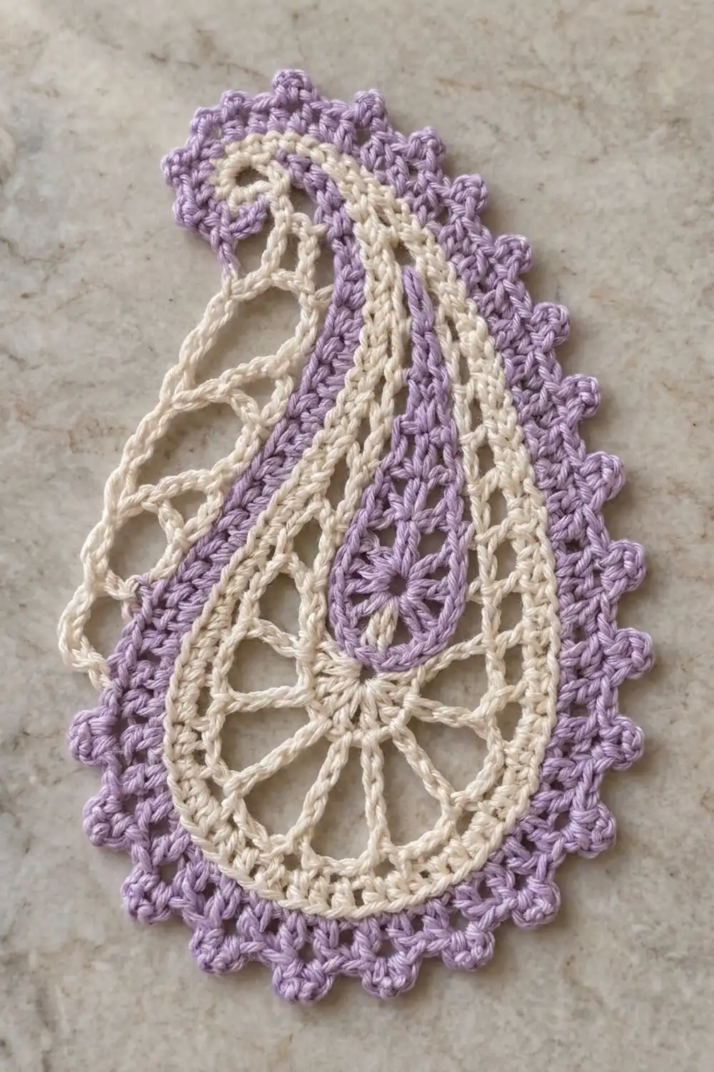 Lavender-edged crochet doily with cream lace diamond pattern center on light gray textured surface.