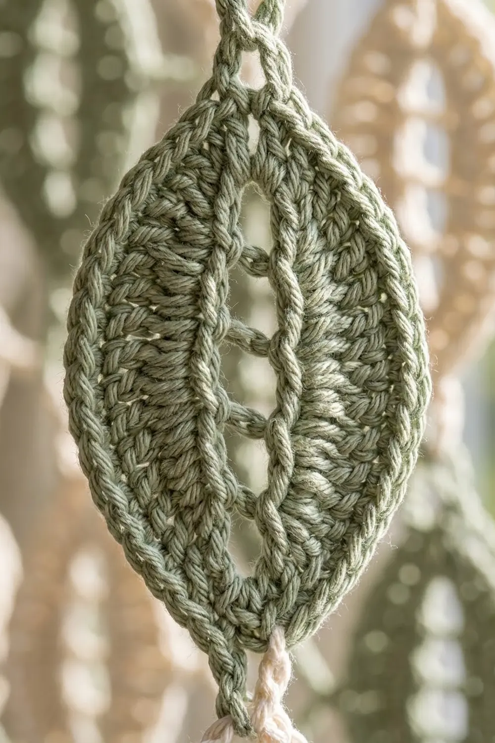Crocheted sage-green teardrop with intricate lace stitching, hanging against a soft, blurred beige background.