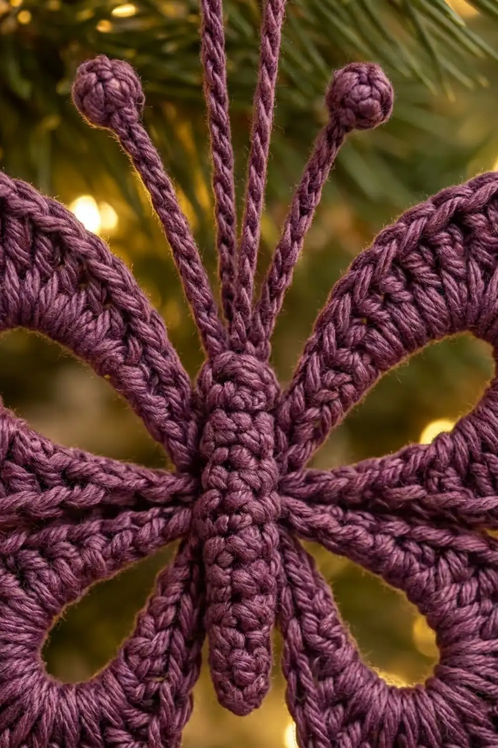Close-up of a purple crocheted flower with textured, knobbed petals set against a softly blurred green and gold background.