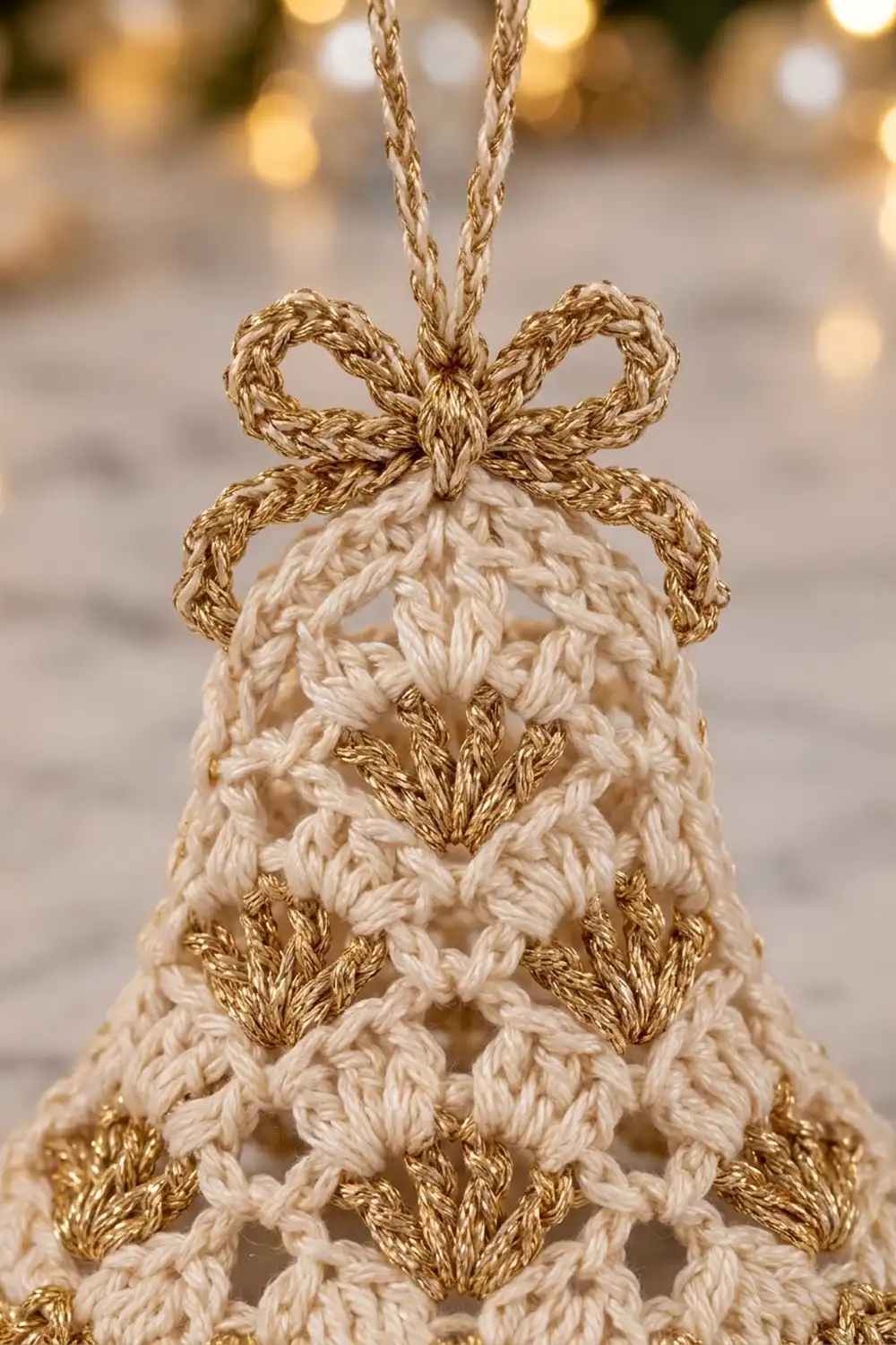 Cream crocheted bell ornament with gold metallic leaf motifs and braided bow, against warm bokeh lights.