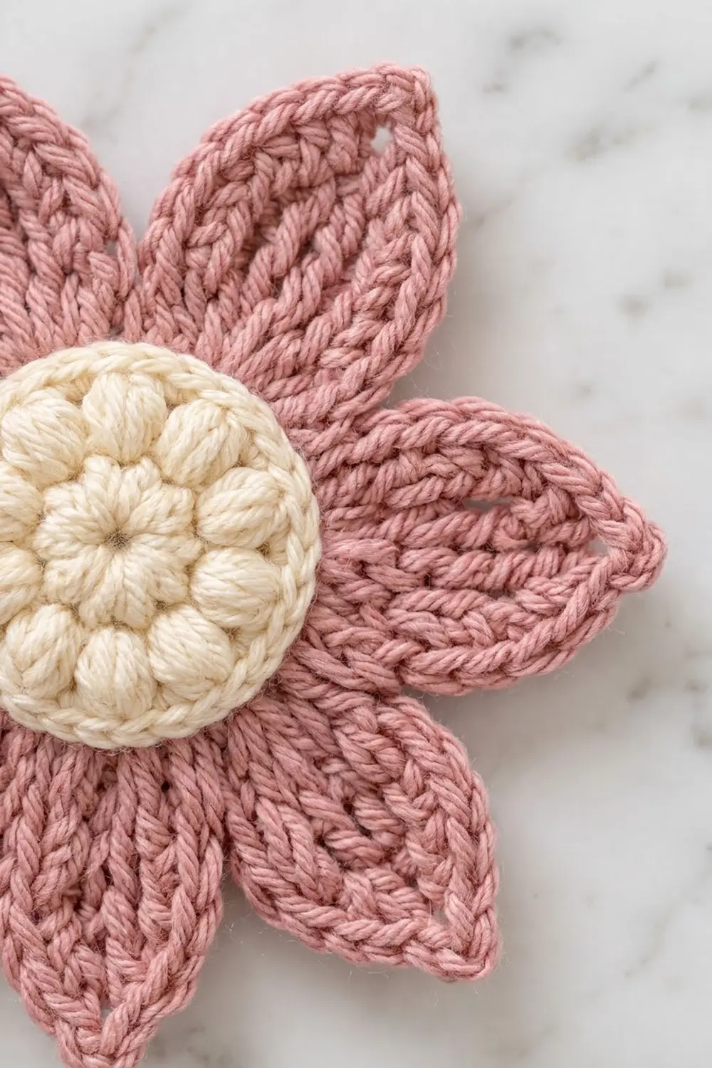 Close-up of handmade crocheted flower with dusty pink petals and ivory center.