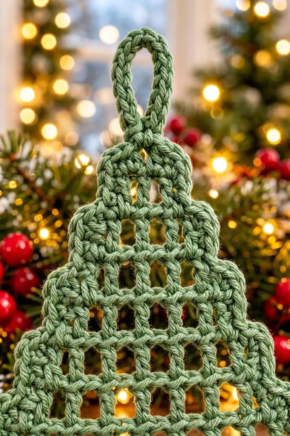 Handmade sage green crocheted bunny ornament with open lattice tiering, set among gold lights, red baubles, and holiday greenery.