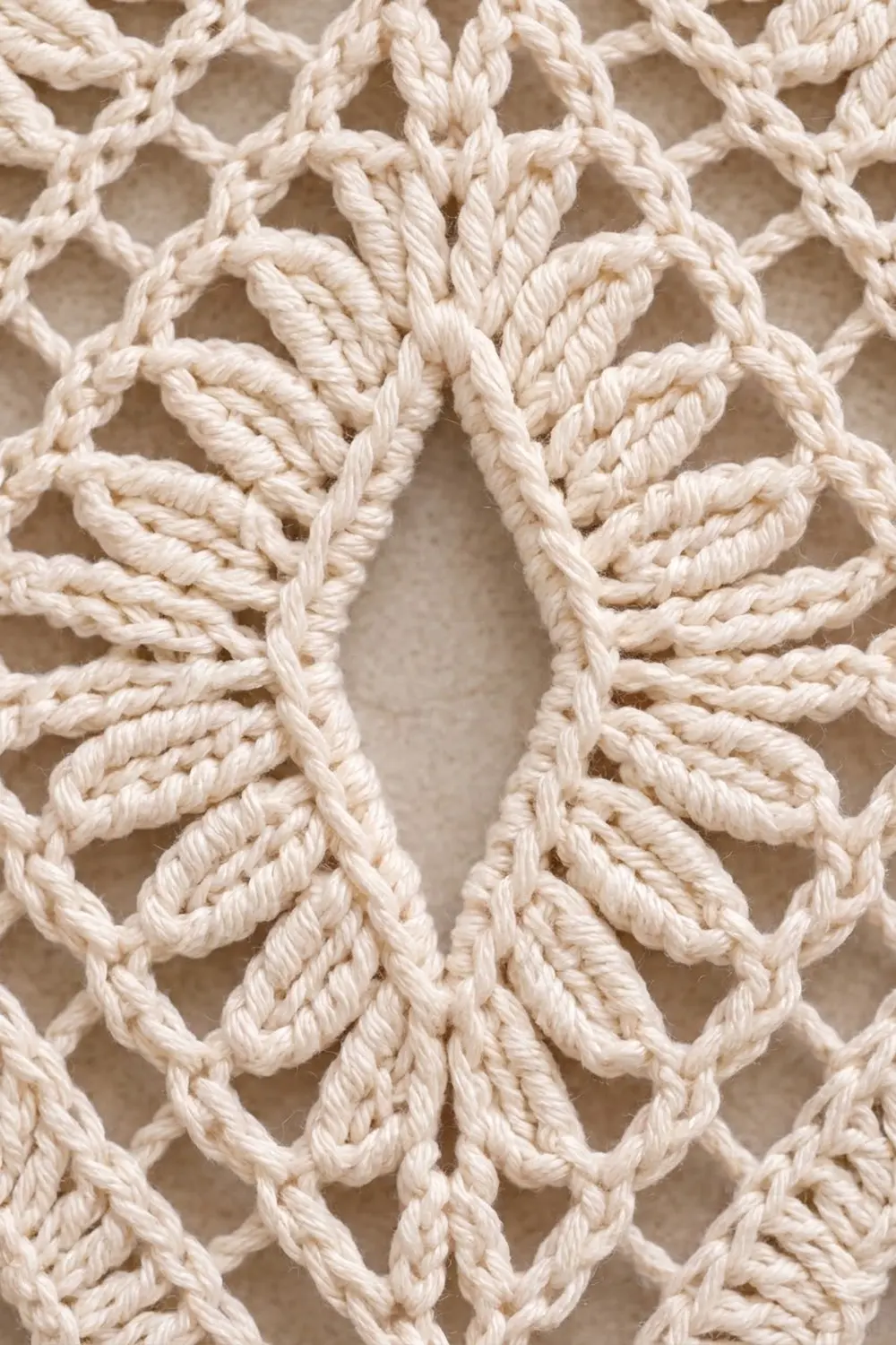 Cream-colored twisted rope forms intricate macramé knots in a geometric pattern against a neutral beige background.