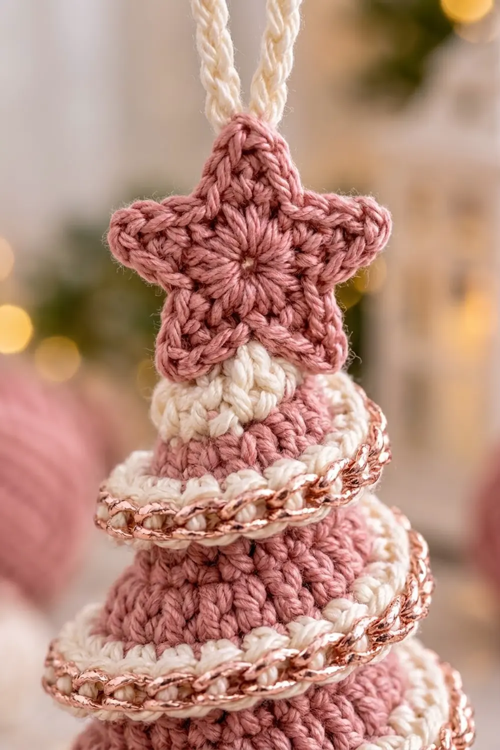 Crocheted star ornament striped in dusty rose and cream with rose-gold metallic trim, suspended by twisted cream cords.