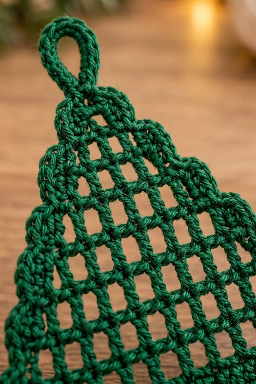 Deep green crocheted market bag with open mesh pattern displayed on weathered wooden surface.