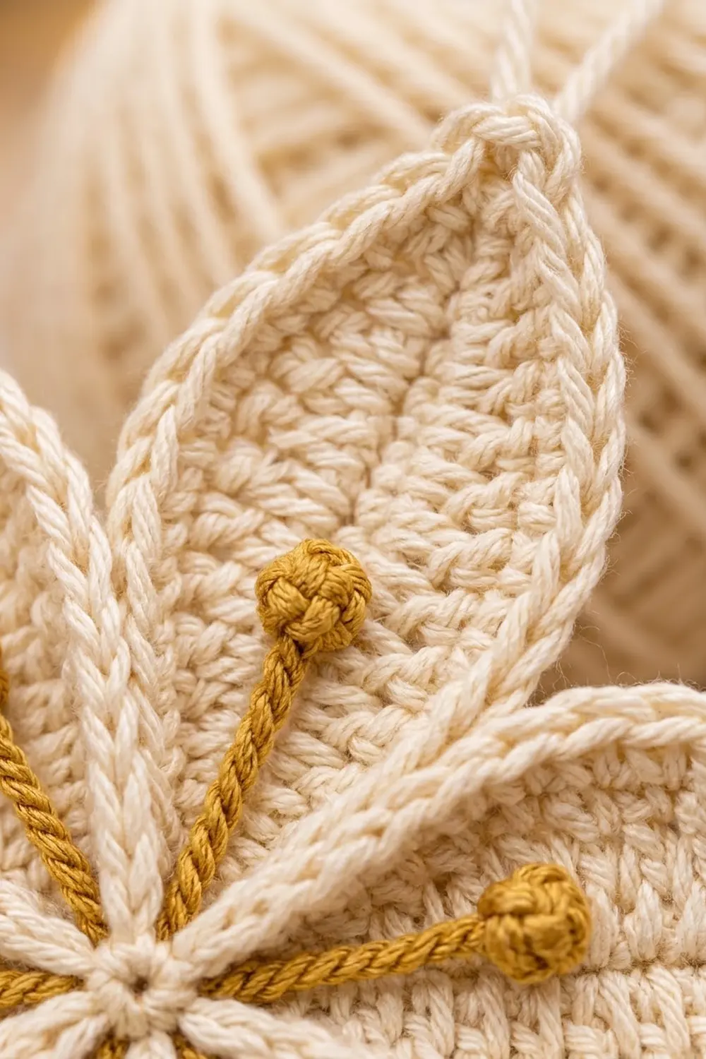 Close-up of cream-colored crochet stitches with golden-yellow yarn accents and knotted detail, showing texture against a blurred neutral background.